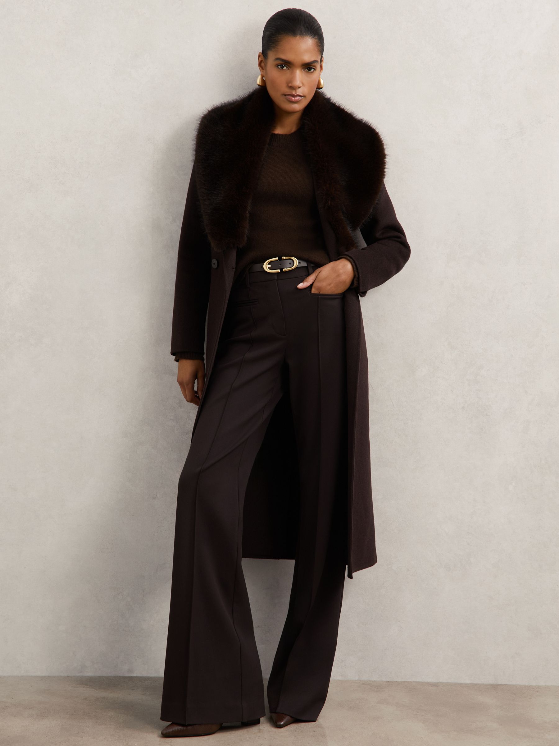 Faux-Fur Collar Blindseam Coat Wool-Blend in Chocolate Brown