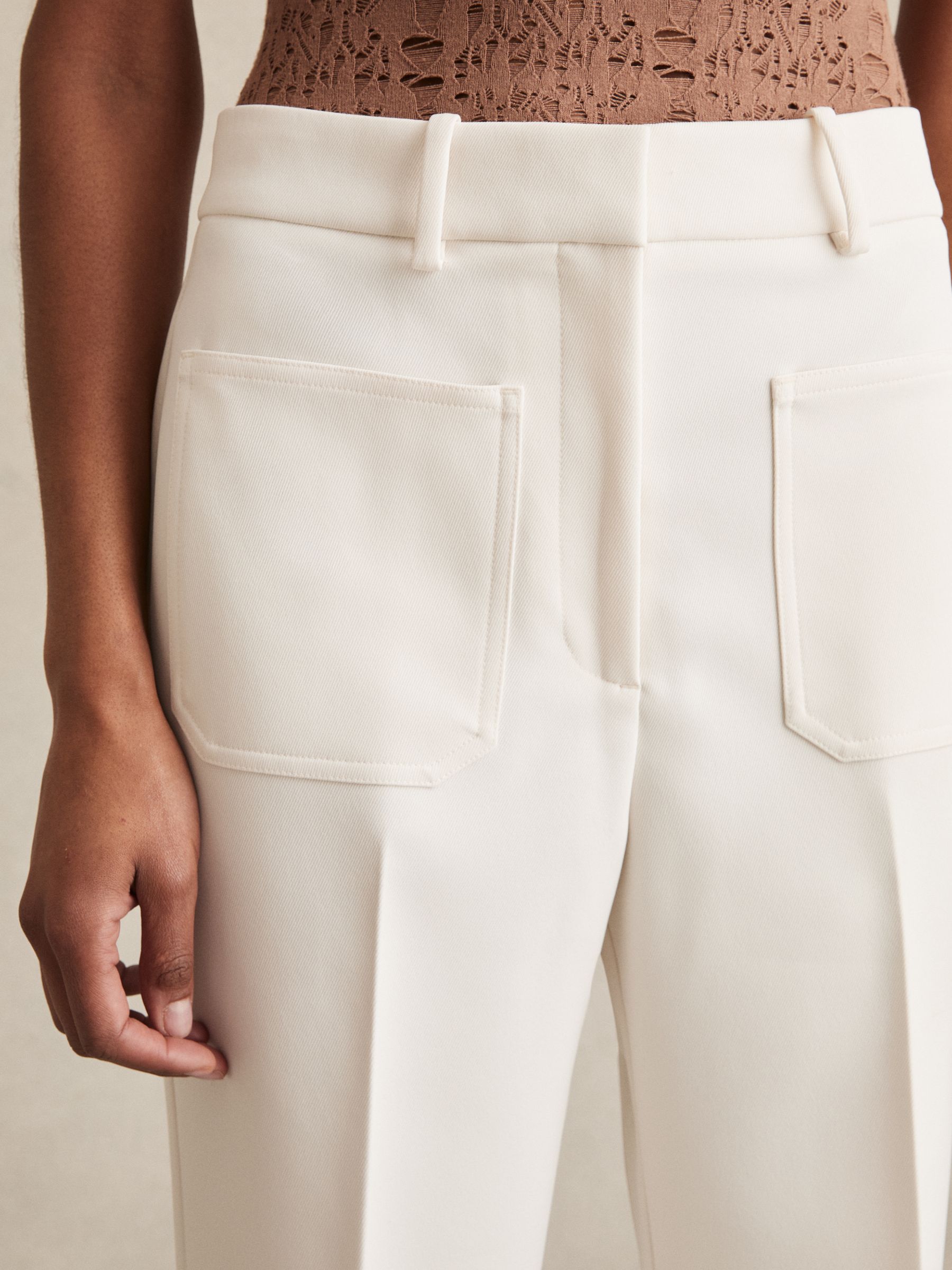 Petite Twill Patch-Pocket Flared Trousers in Cream