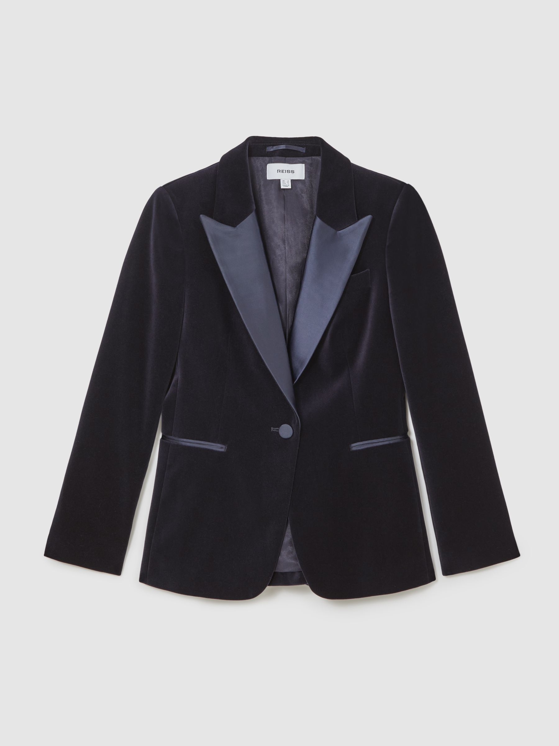 Petite Velvet Single-Breasted Tuxedo Blazer in Navy
