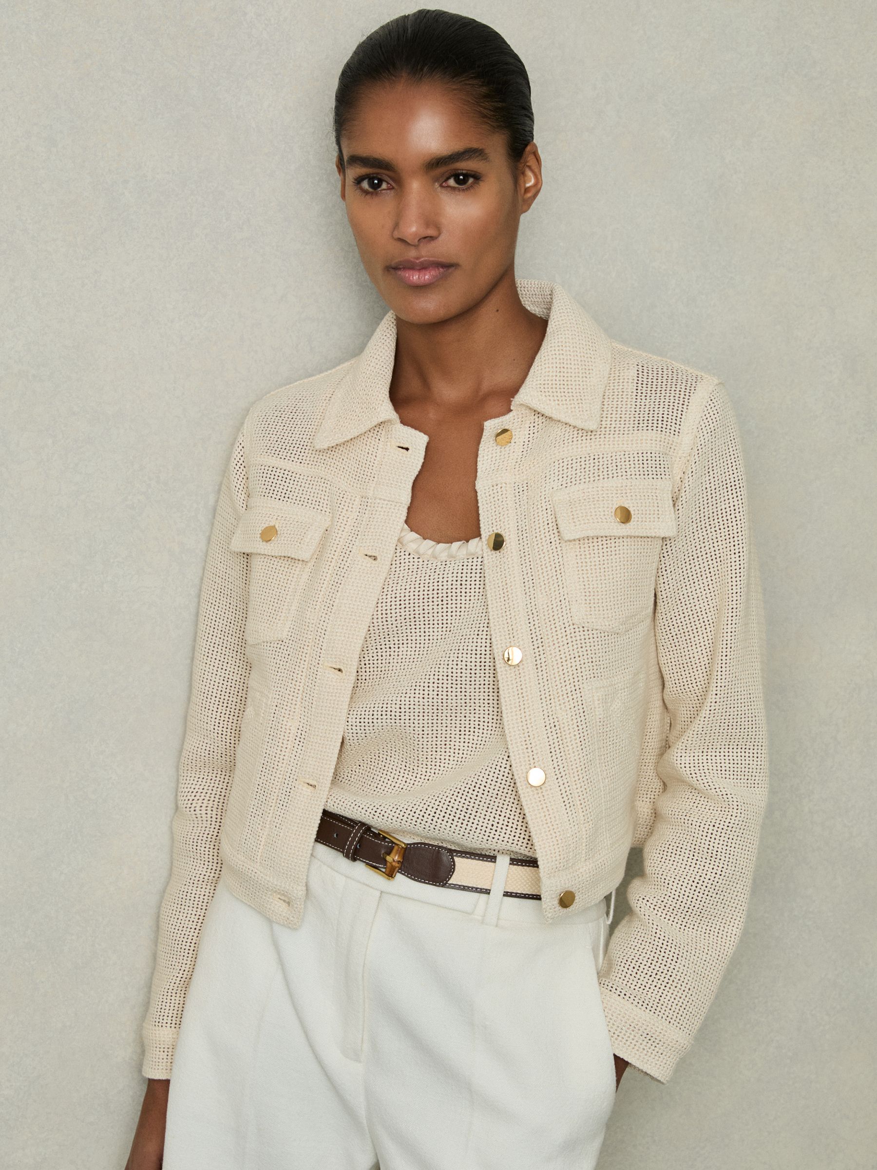 Cotton-Blend Textured Trucker Jacket in Neutral