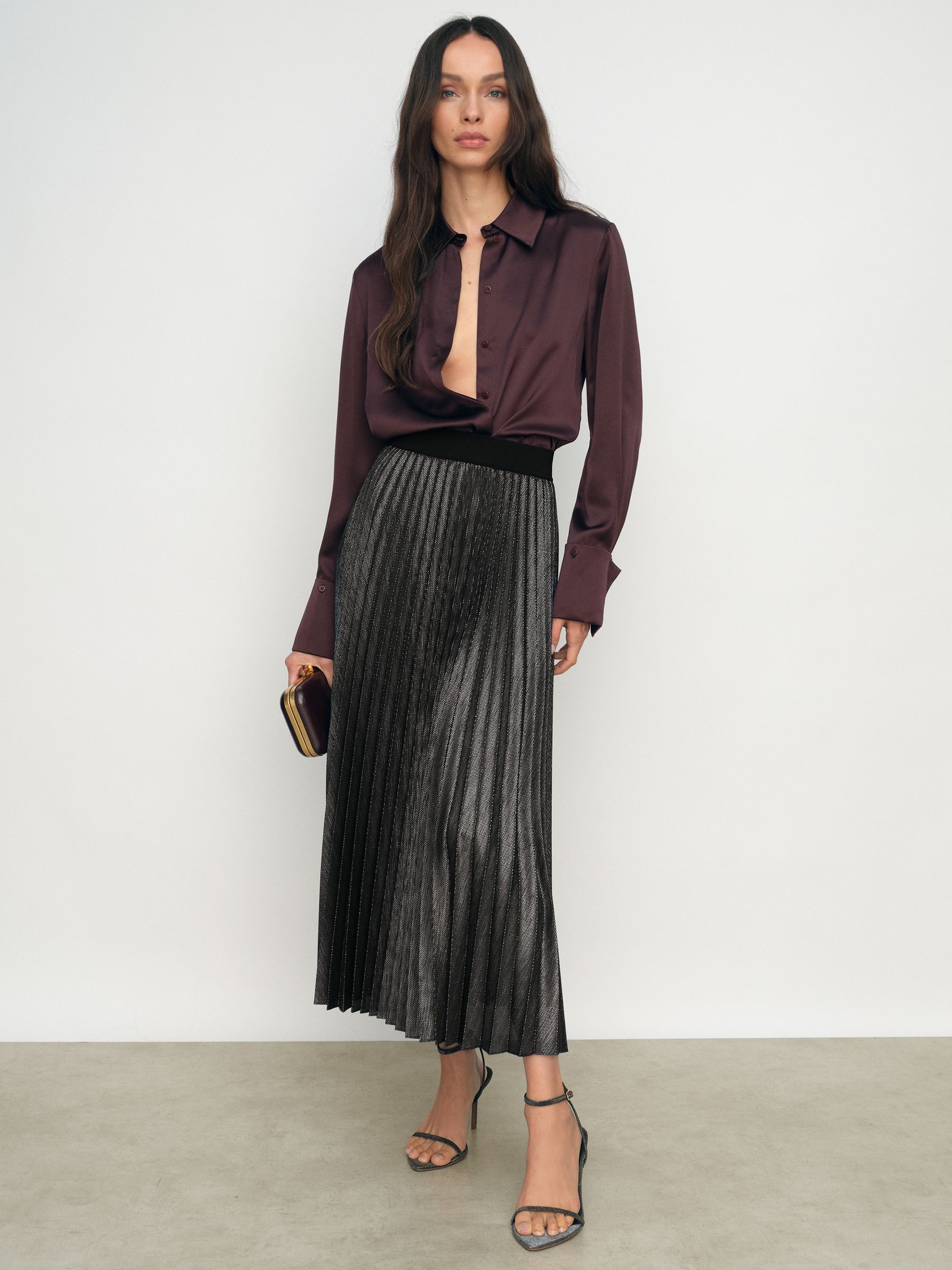 Metallic Pleated Midi Skirt in Charcoal Grey