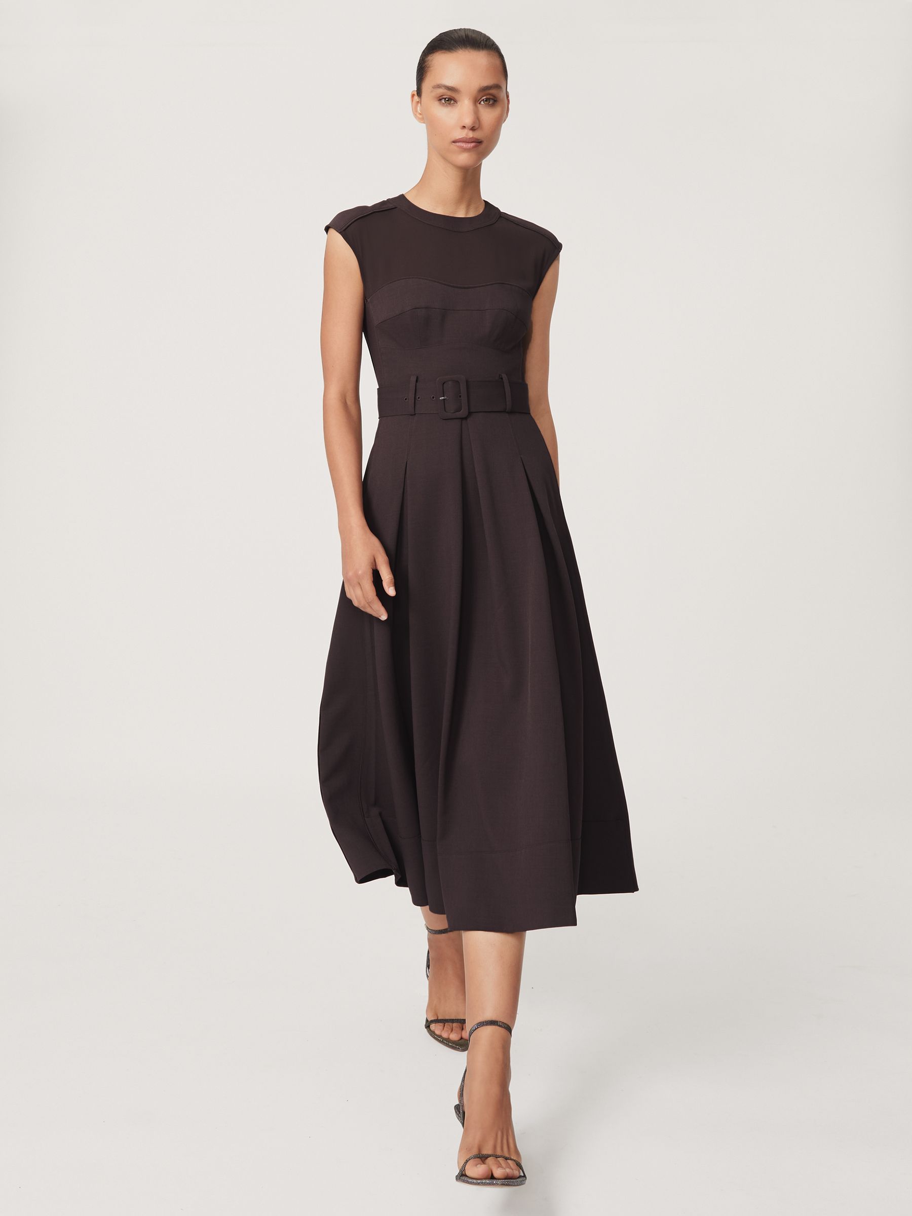 Mesh-Panel Belted Pleated Midi Dress in Burgundy