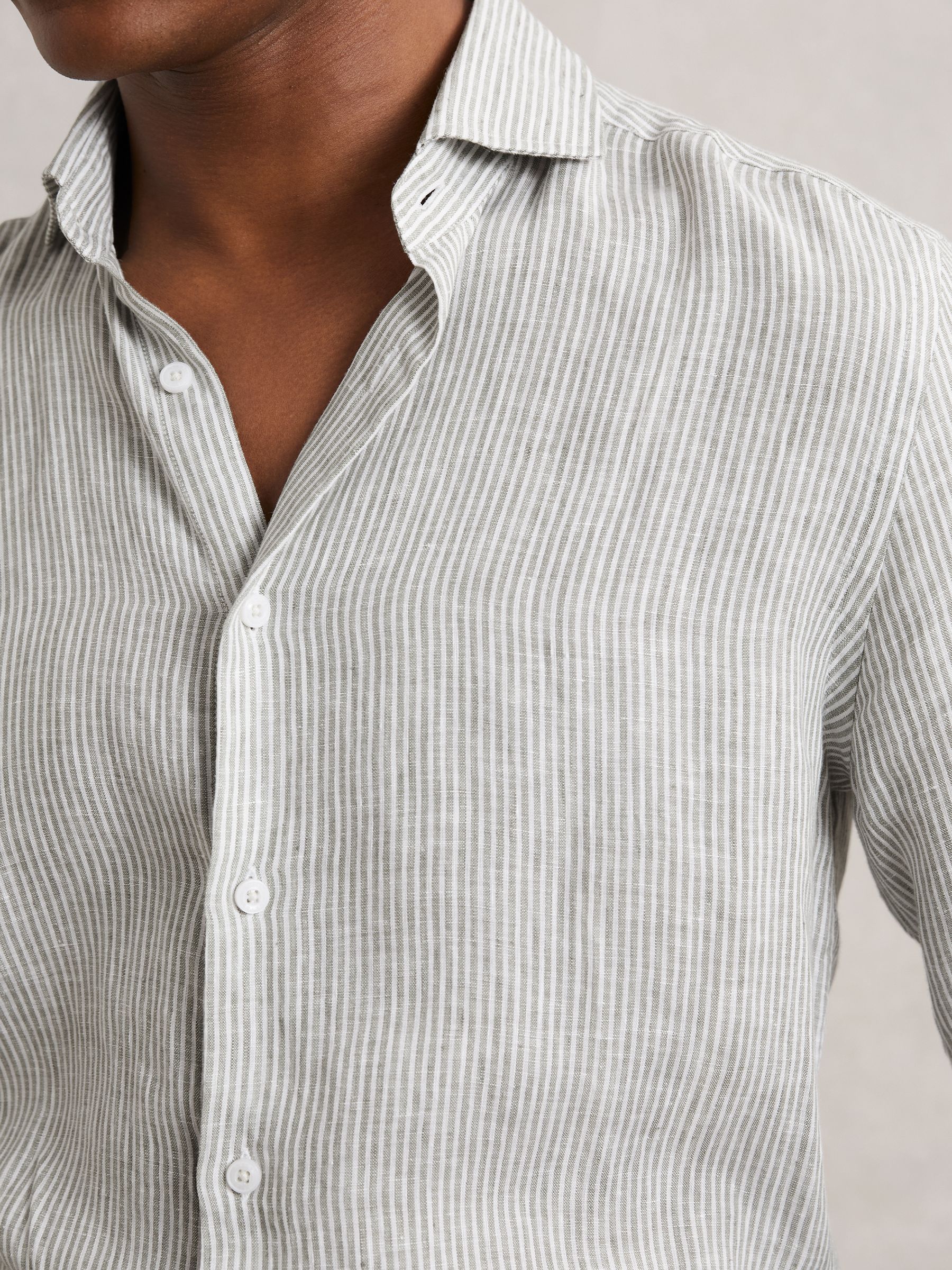 Linen Stripe Long-Sleeve Shirt in White/Thyme Green