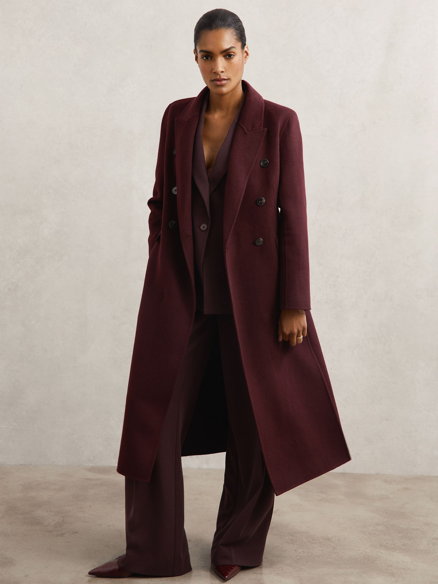 Petite Double-Breasted Blindseam Coat Wool-Blend in Burgundy
