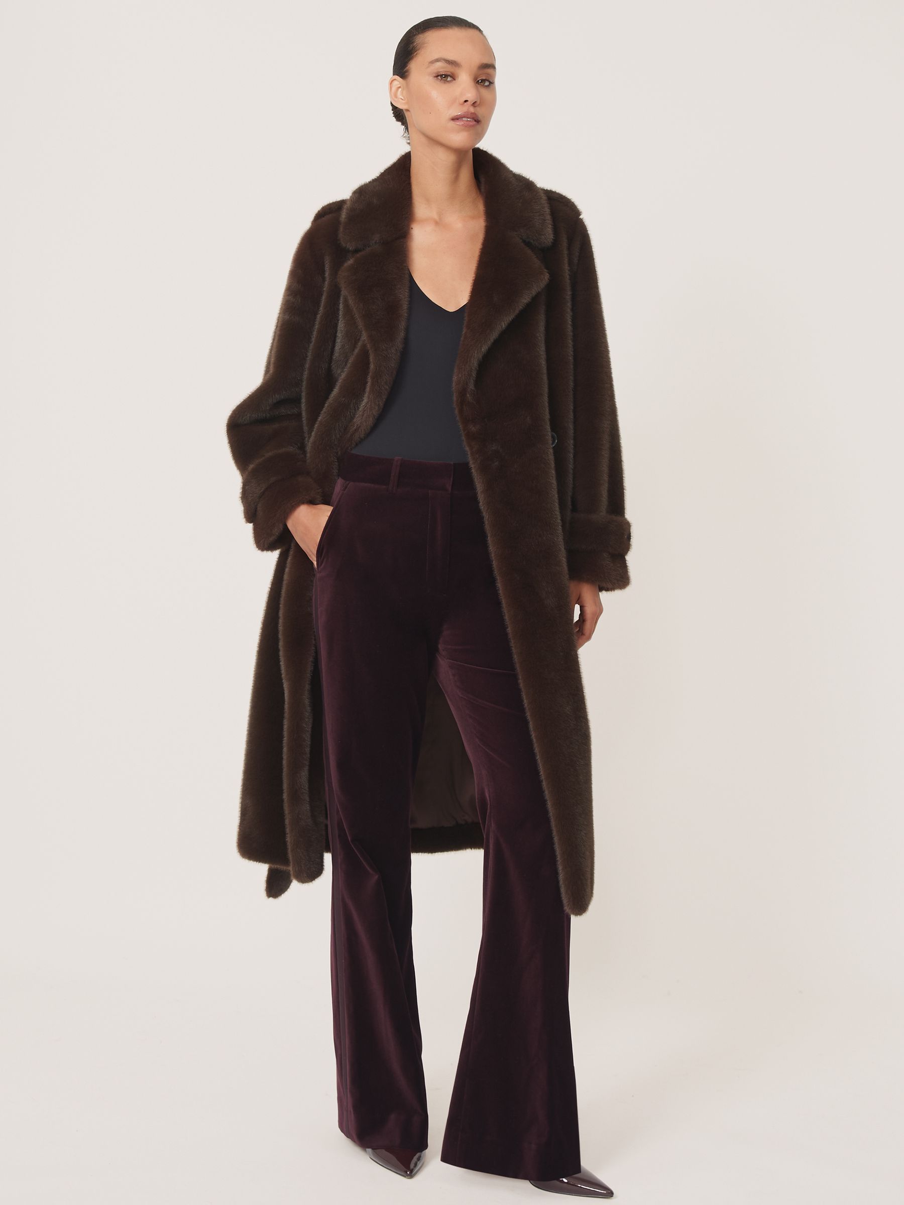 Petite Faux-Fur Long Belted Coat in Chocolate Brown