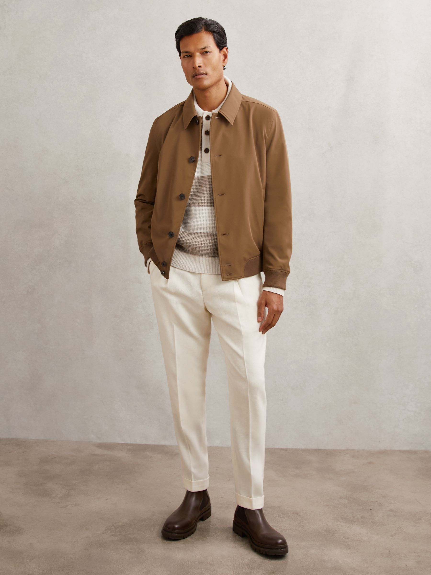 Waffle-Knit Stripe Half-Button Jumper with Wool in Off White/Putty