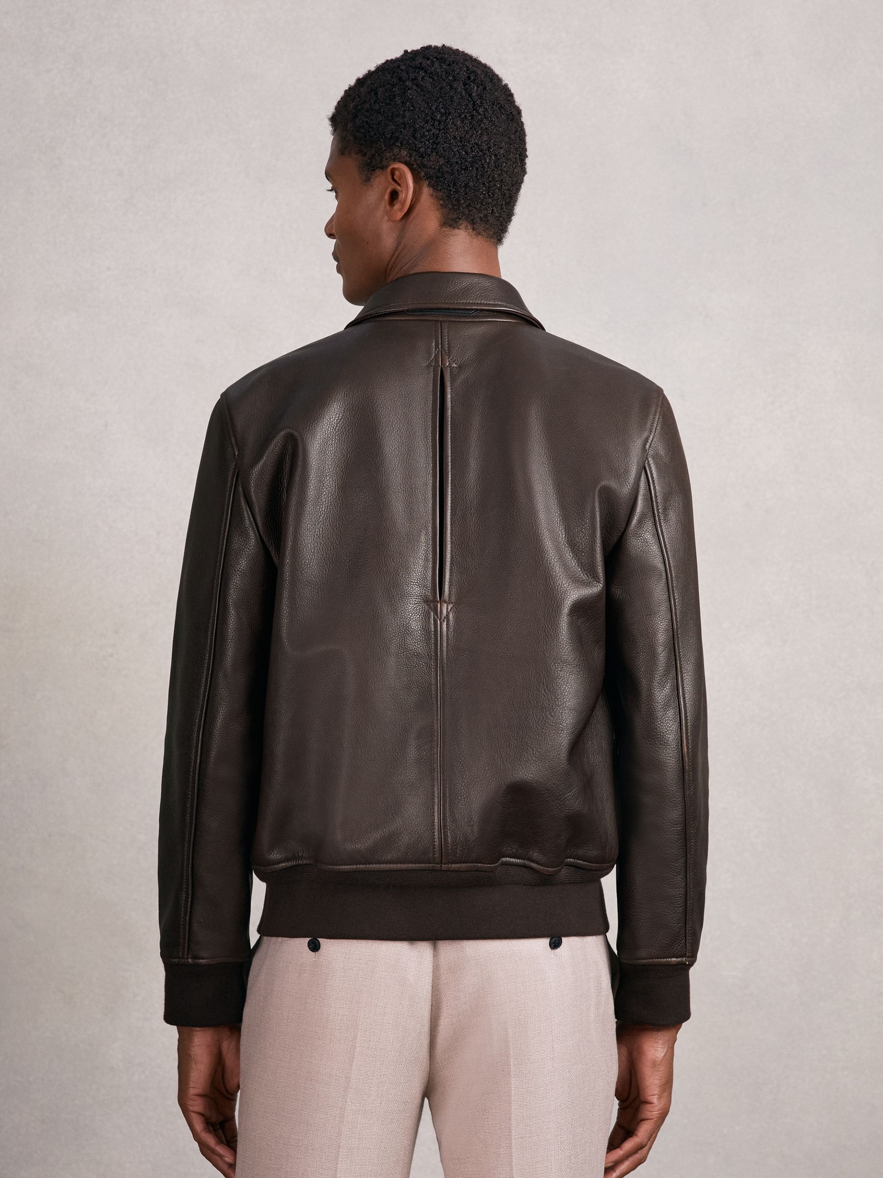 Burnished-Leather Zip-Through Jacket in Chocolate Brown