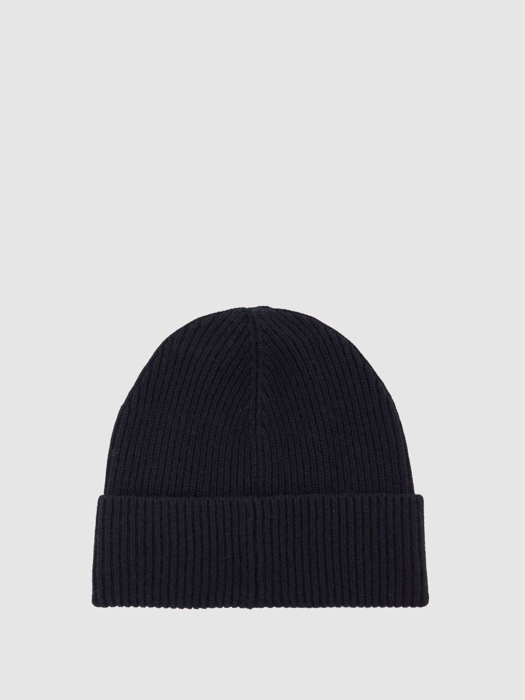 Merino Wool Blend Button Beanie With Cashmere in Navy