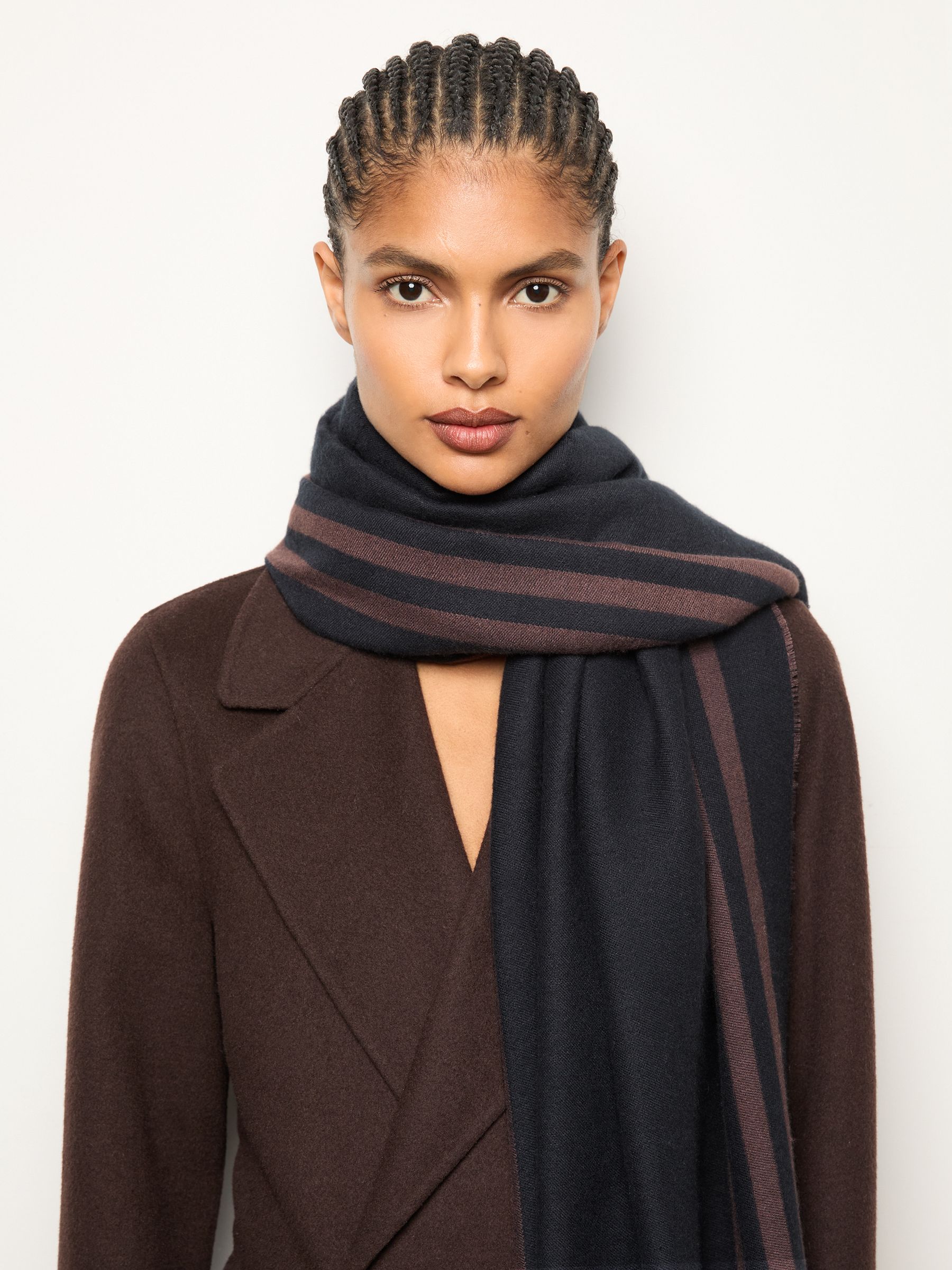 Border Stripe Fringed Scarf in Navy