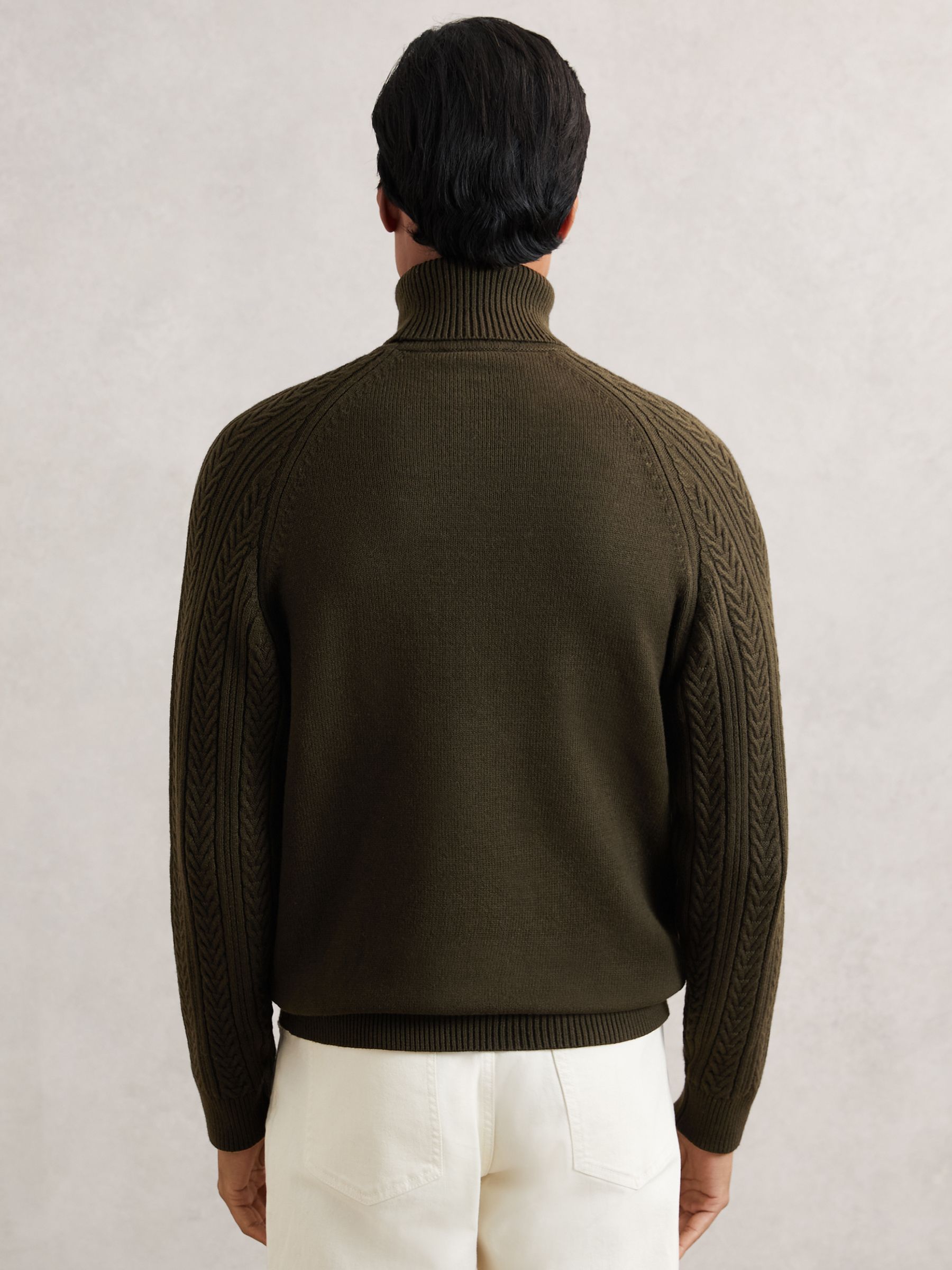 Cable-Knit Roll-Neck Jumper With Wool in Dark Olive Green