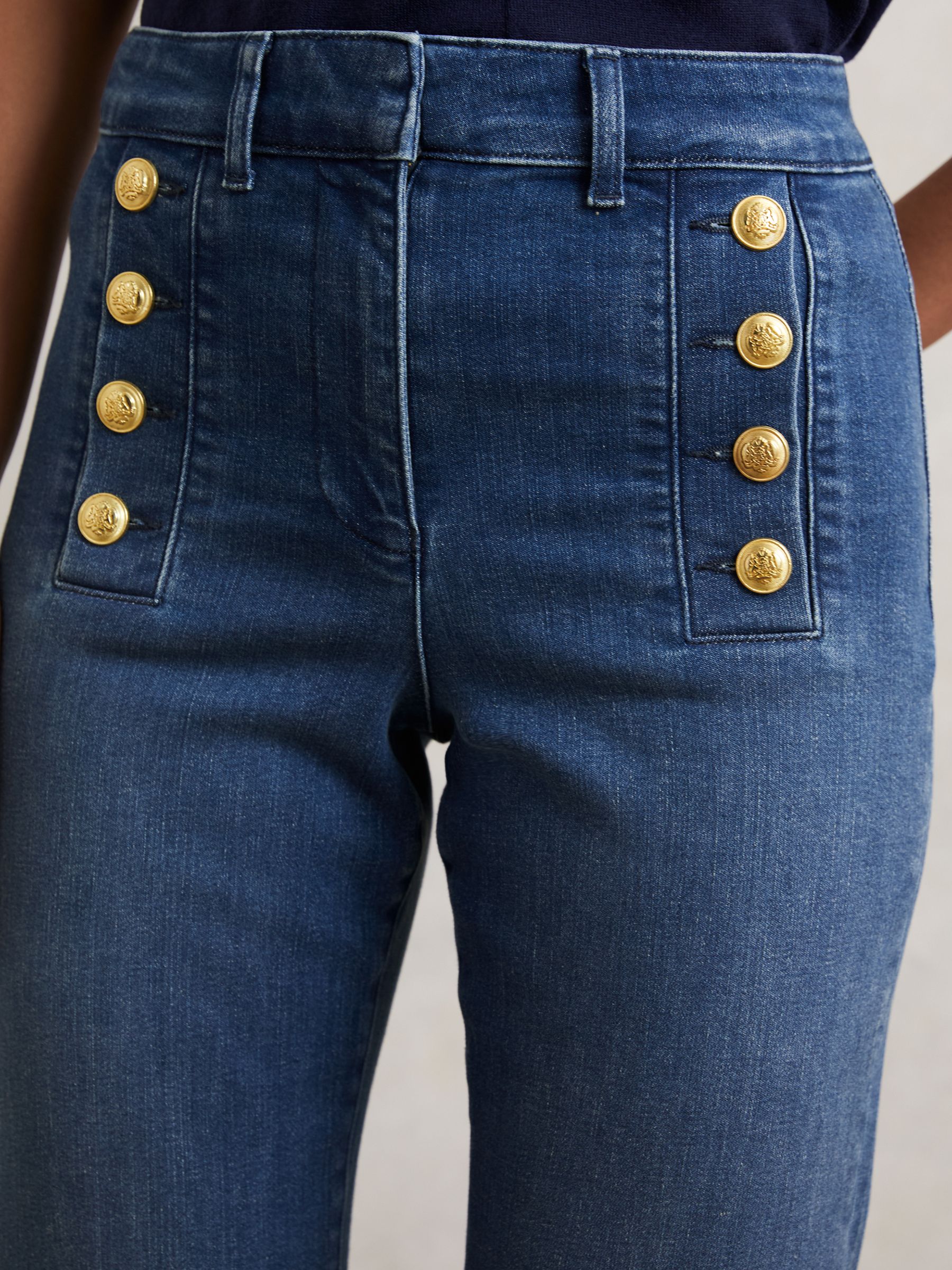 Petite Button-Detail High-Rise Flared Jeans in Mid Blue