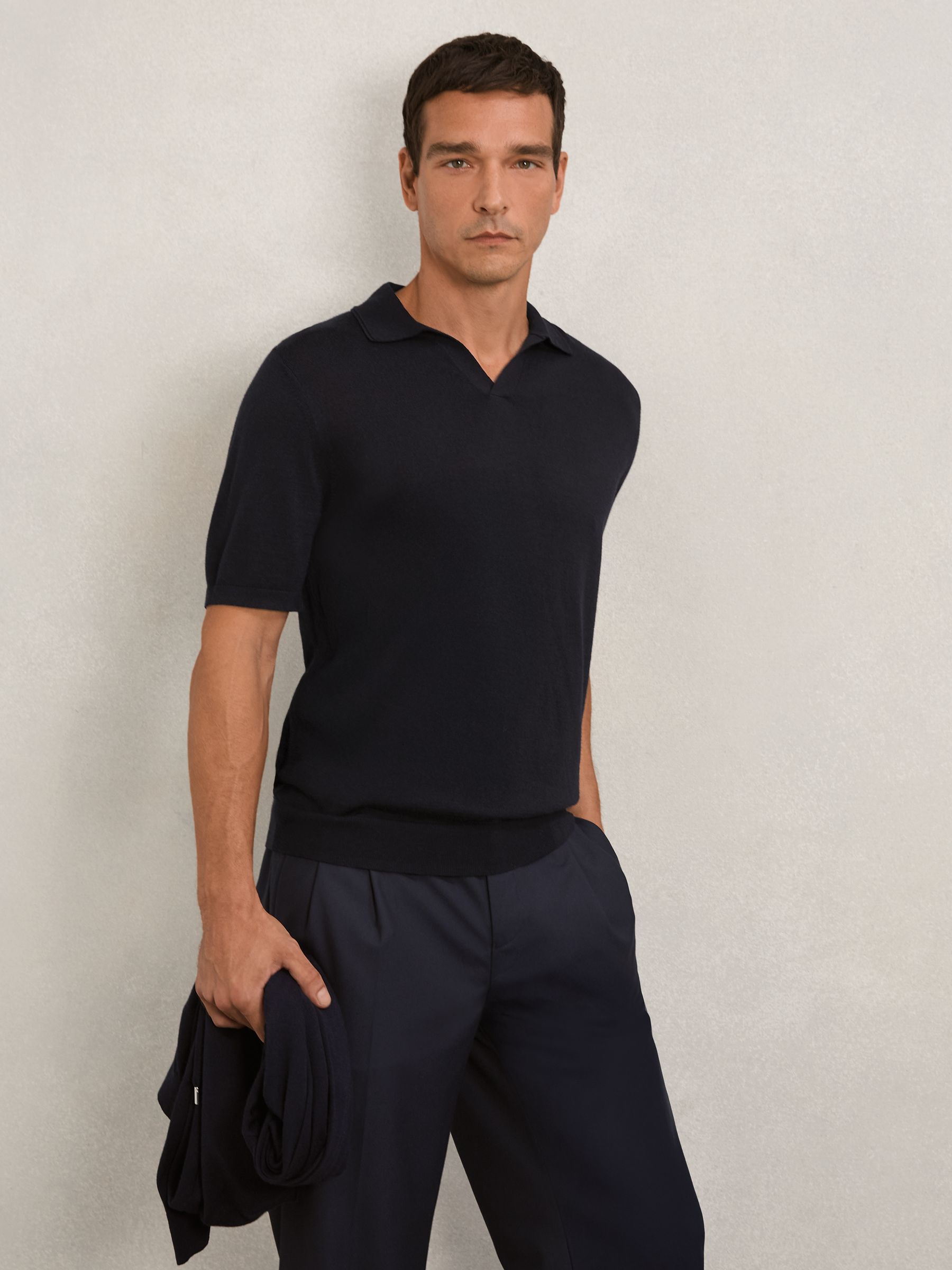 Merino Wool Open-Collar Polo Shirt in Navy