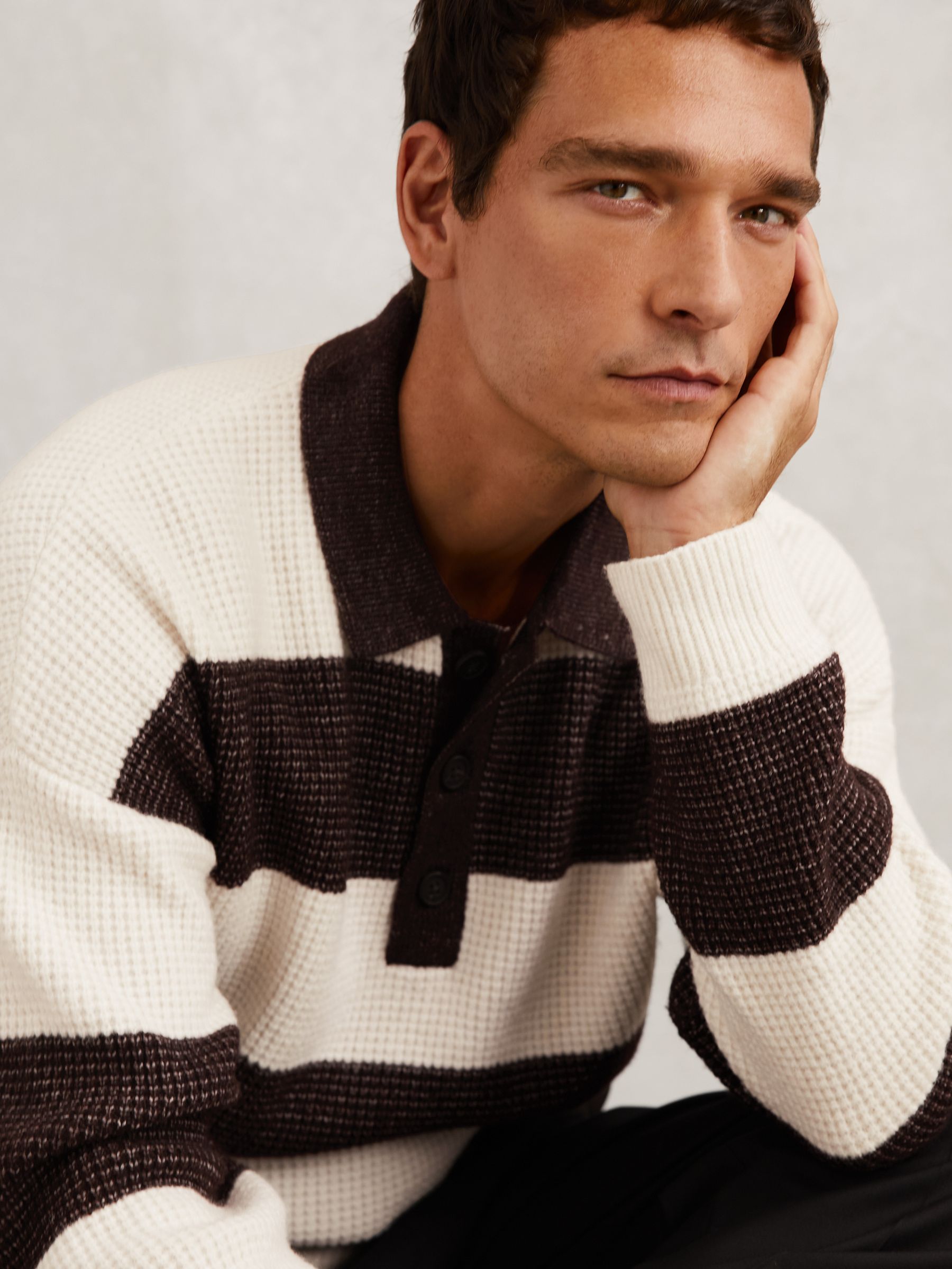 Waffle-Knit Stripe Half-Button Jumper with Wool in Chocolate Brown/Off White