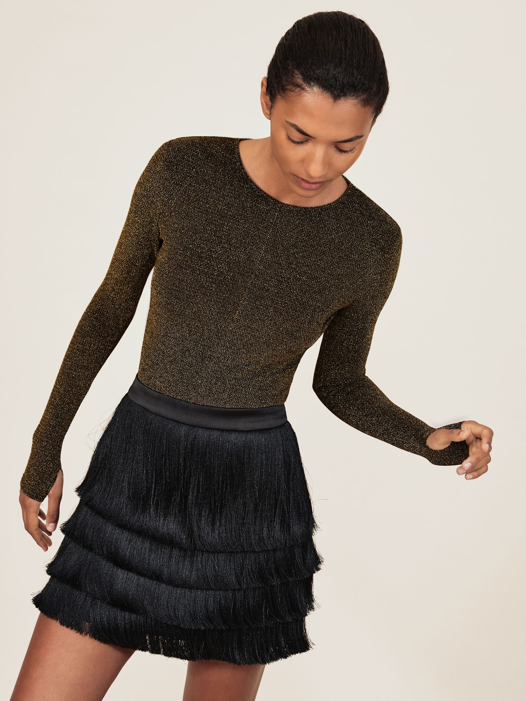 Metallic-Knit Long-Sleeve Top in Gold