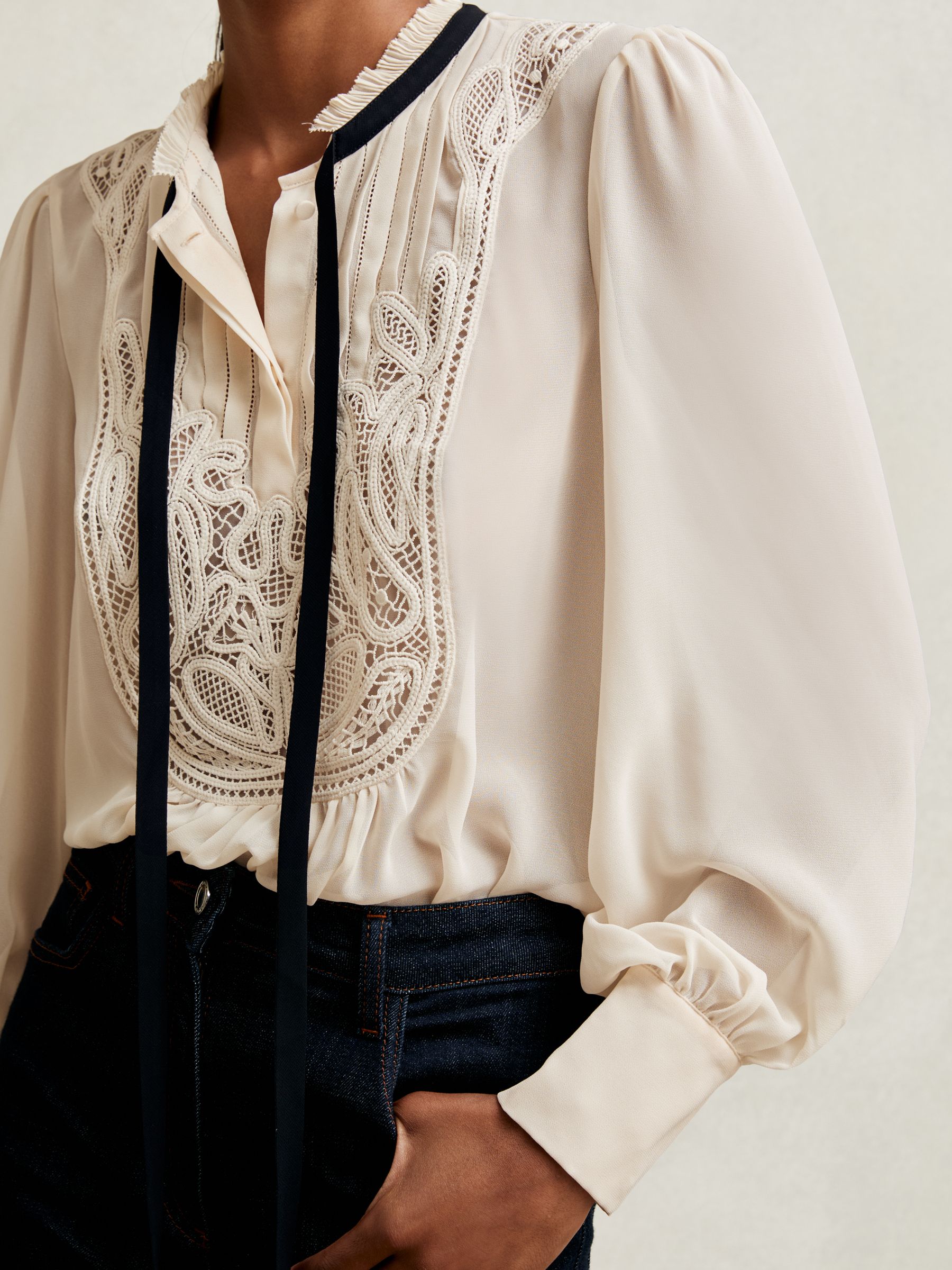 Lace-Embroidered Tie-Neck Shirt in Cream