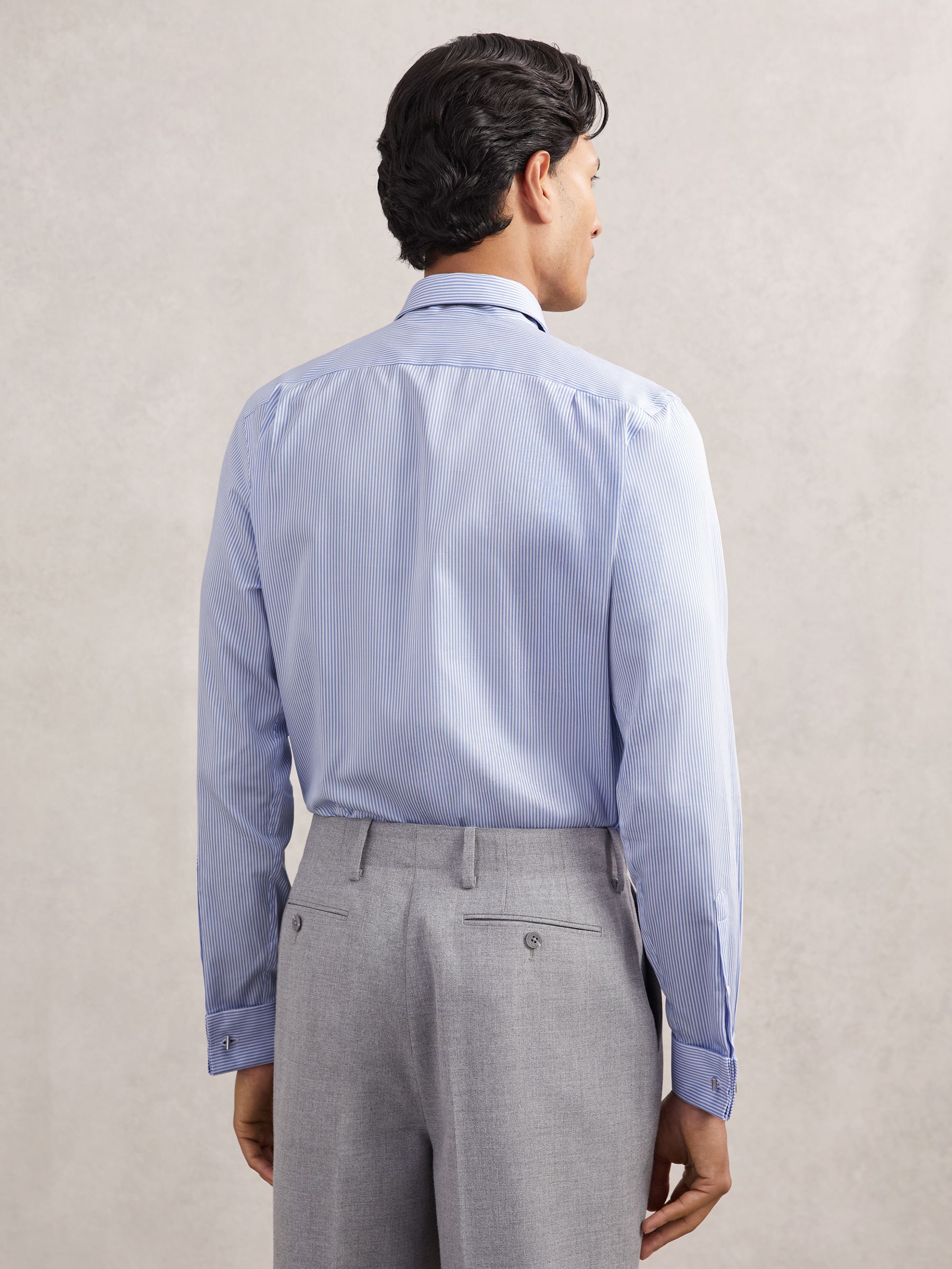 Regular Fit Cotton-Sateen Shirt in Blue Stripe