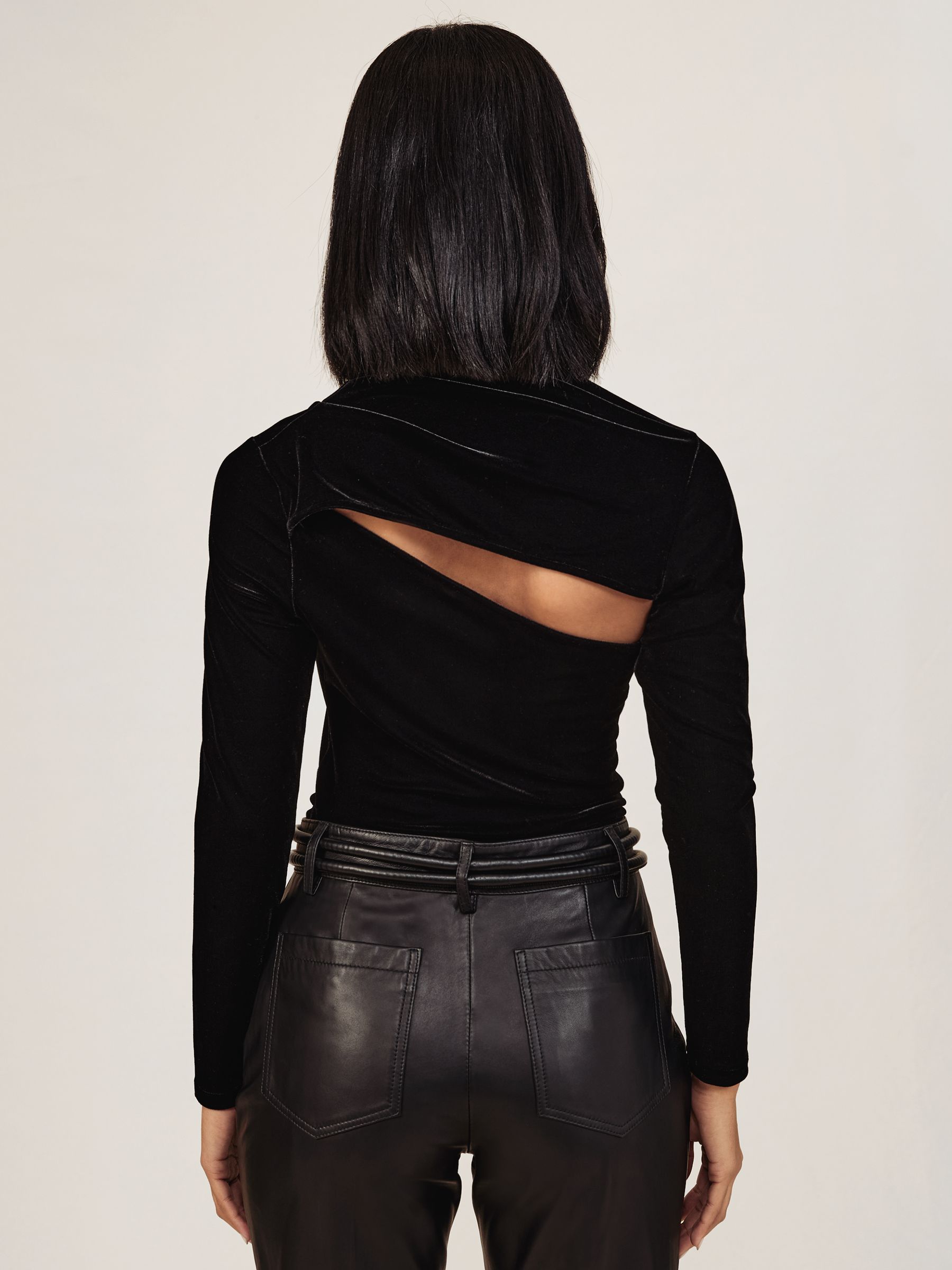 Velvet Cut-Out Long-Sleeve Top in Black