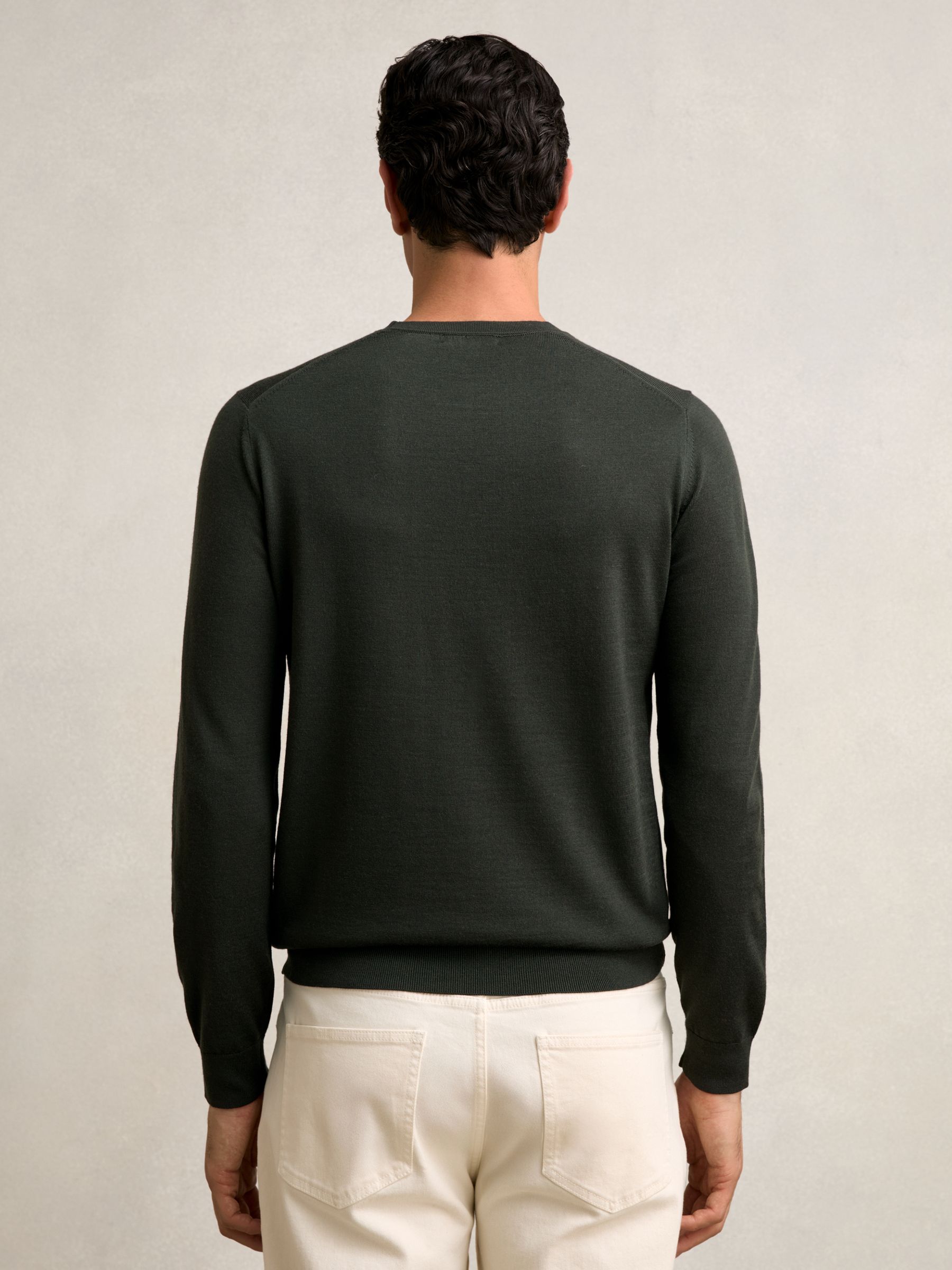 Merino Wool Crew Neck Jumper in Dark Military Green