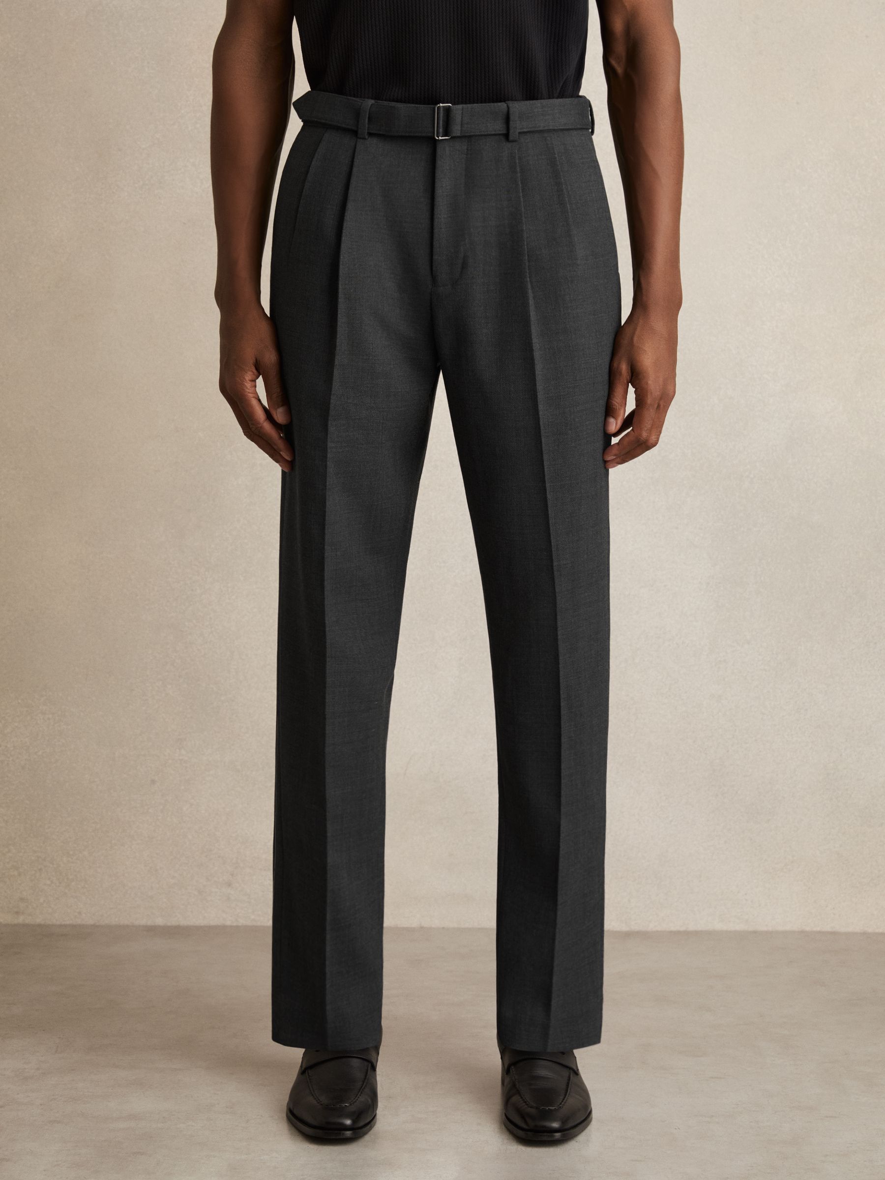 Wool-Blend Tailored-Fit Belted Trousers in Charcoal Grey