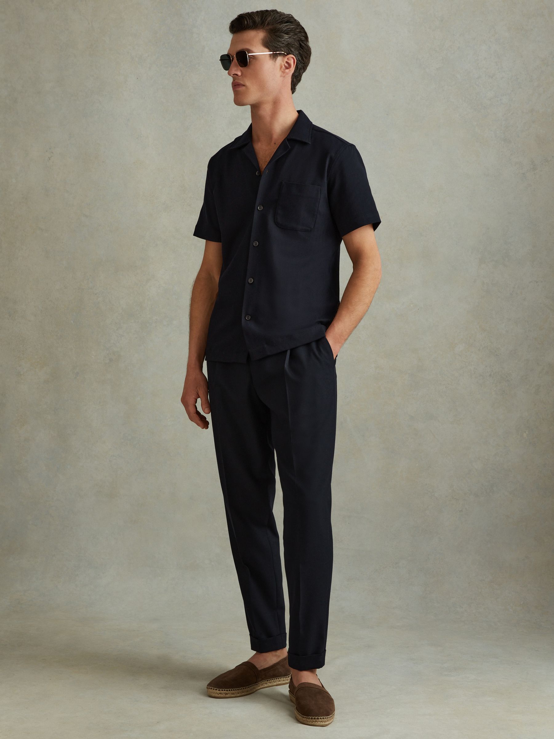 Herringbone Cuban Collar Shirt in Navy