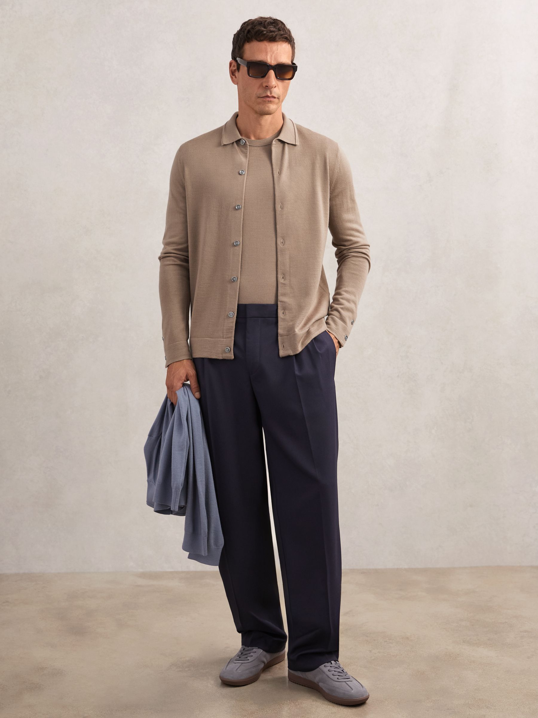 Merino Wool Button-Through Cardigan in Camel Brown