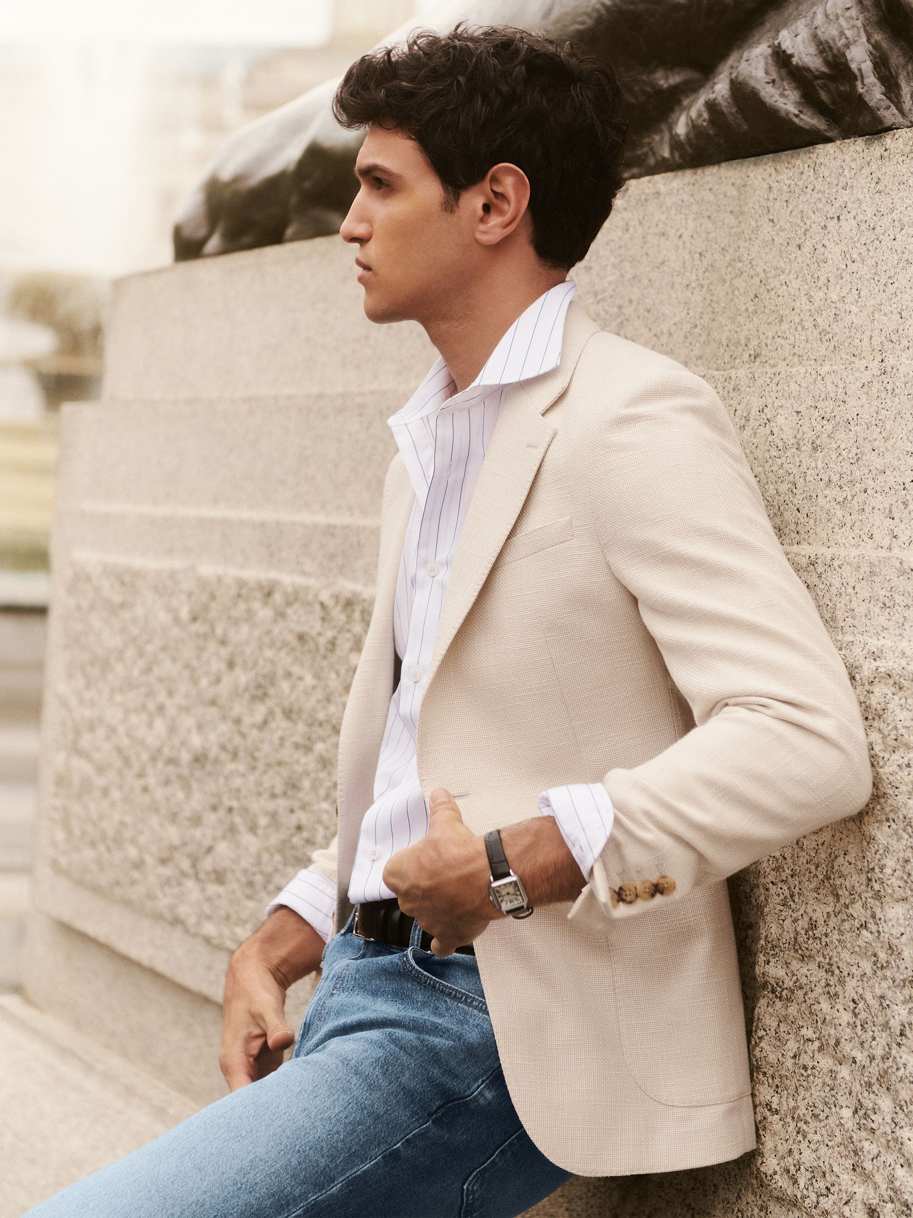 Slim Fit Single Breasted Textured Blazer with Cotton in Stone