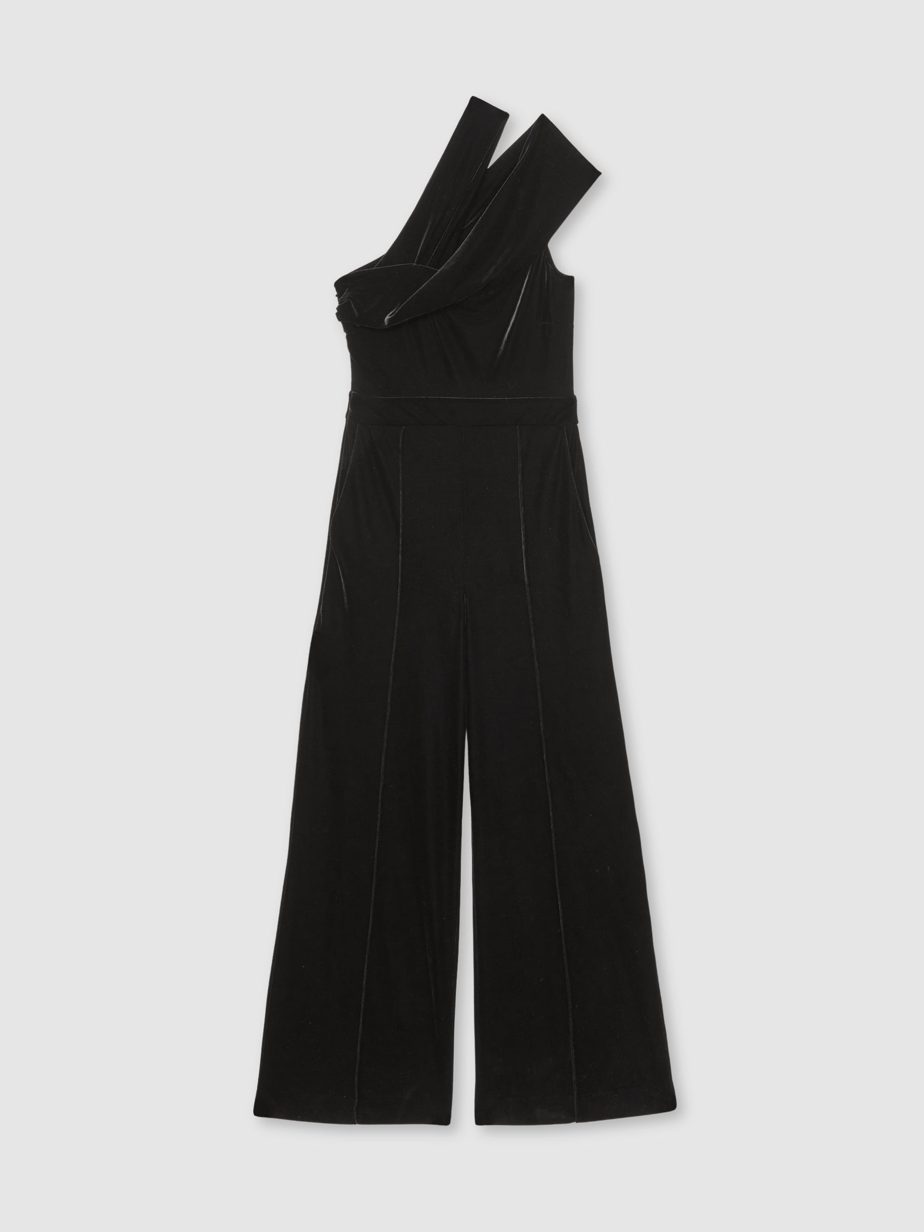 Petite Velvet One-Shoulder Wide-Leg Jumpsuit in Black