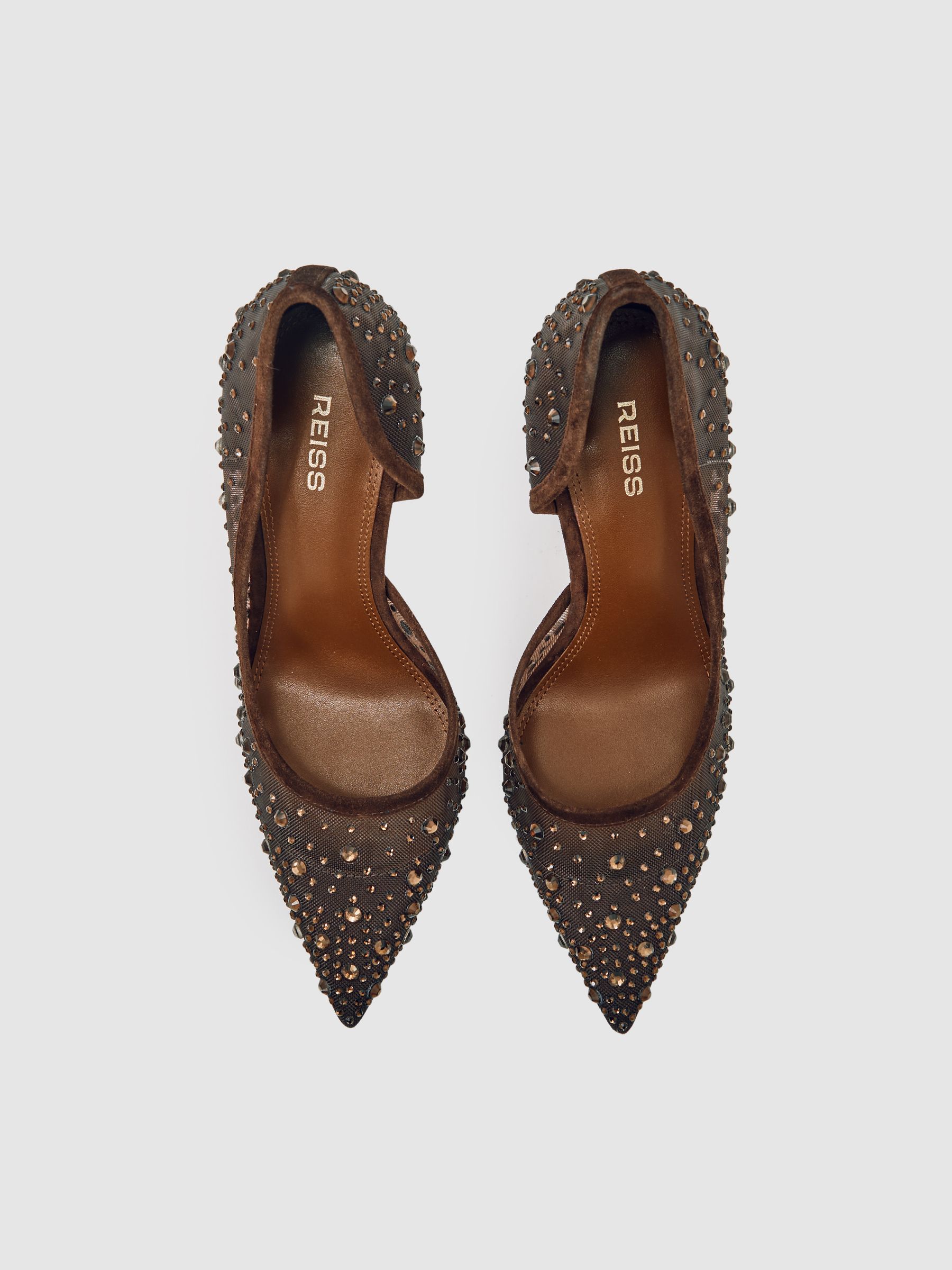 Crystal Embellished Mesh Court Shoes in Chocolate