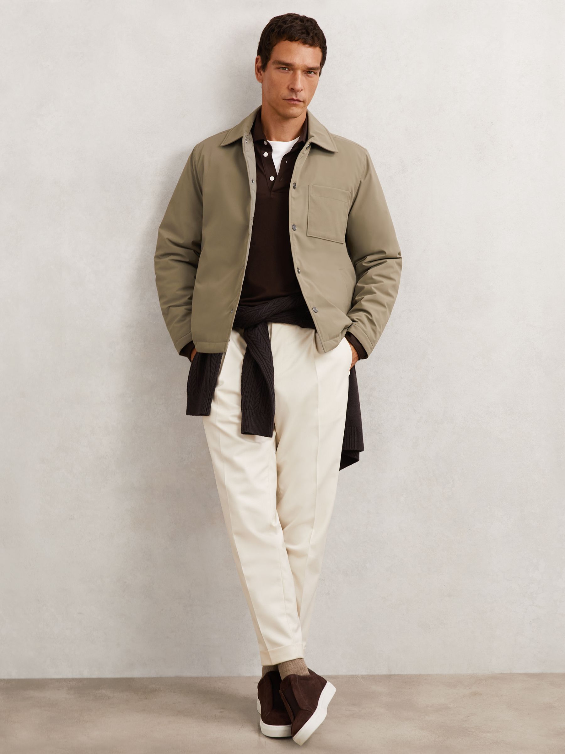 Lightly-Padded Patch-Pocket Overshirt in Olive Green