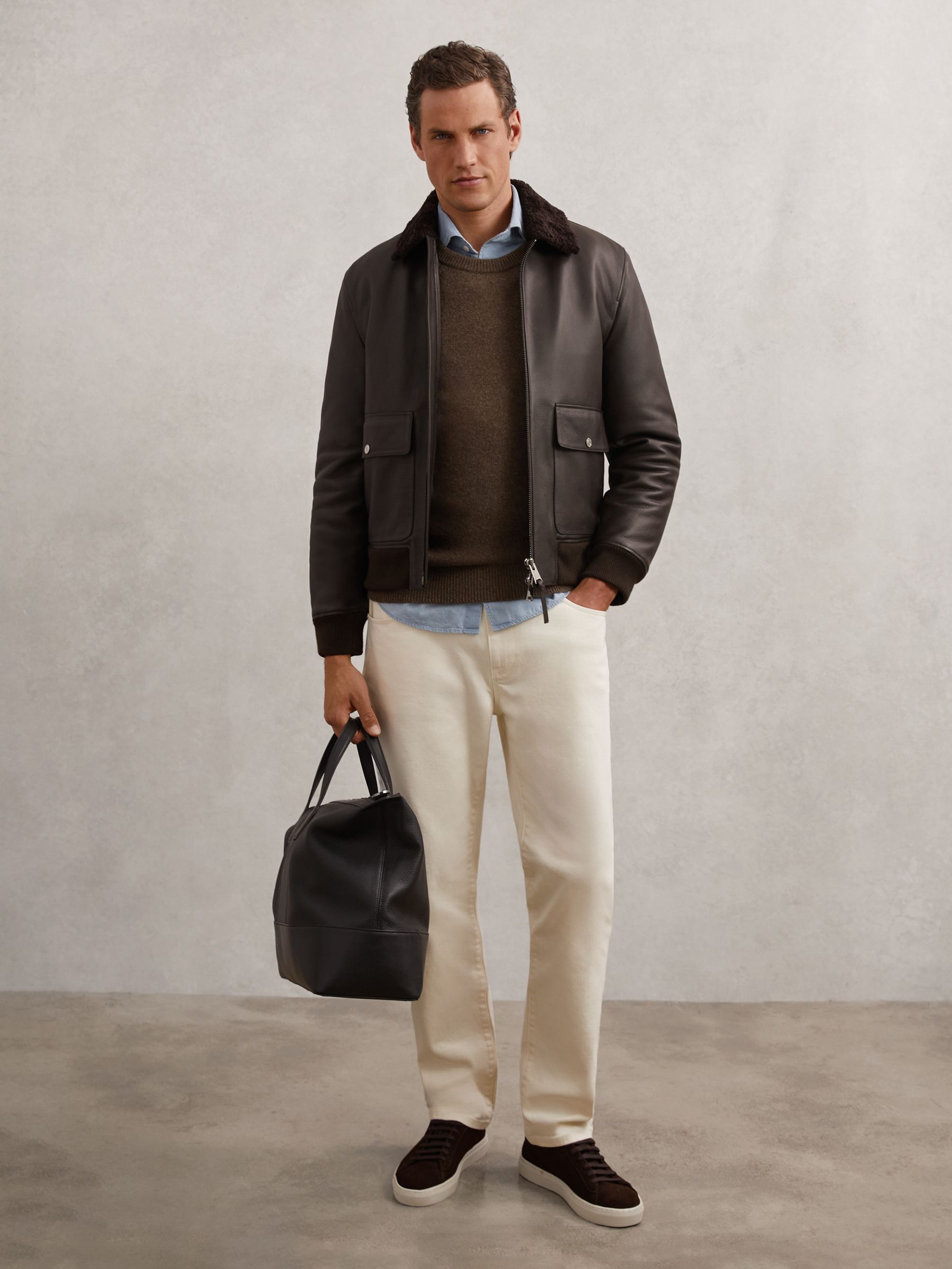 Leather Shearling-Collar Bomber Jacket in Brown