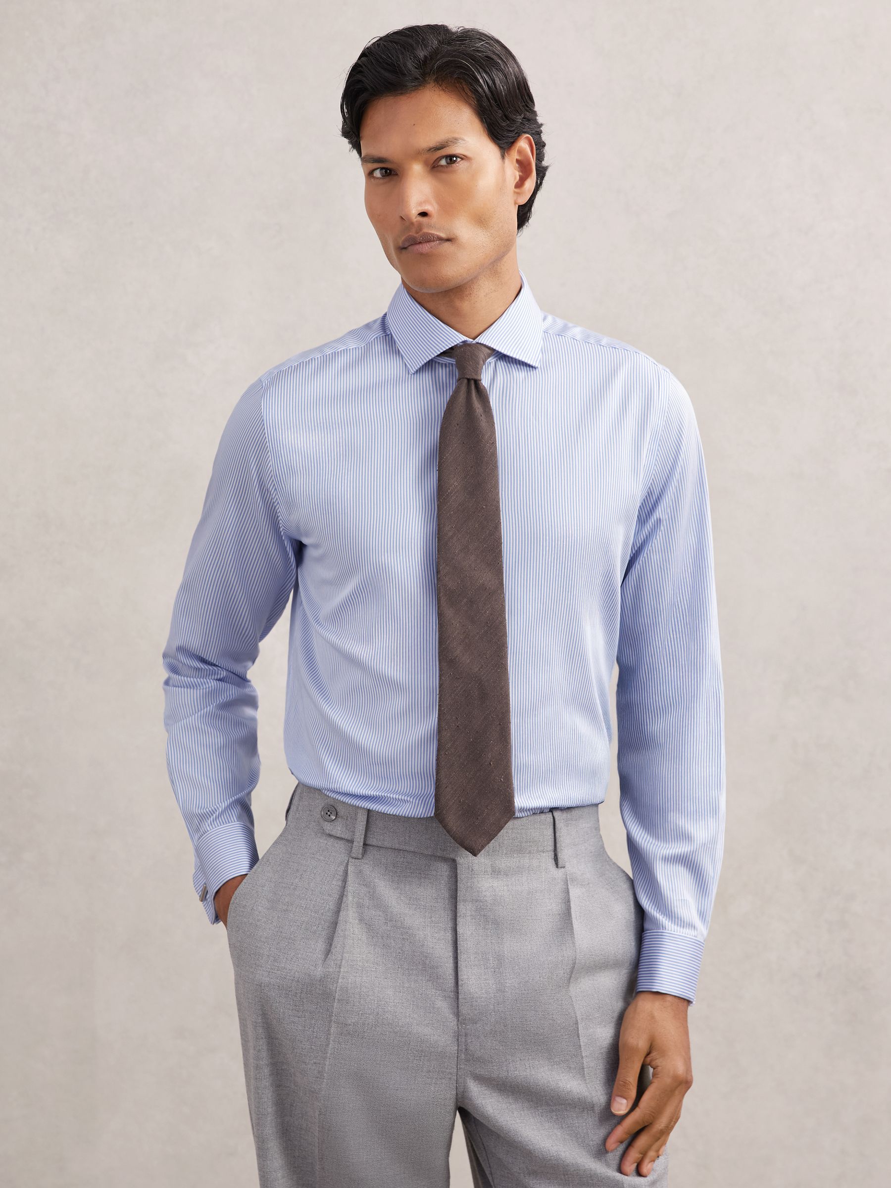 Regular Fit Cotton-Sateen Shirt in Blue Stripe