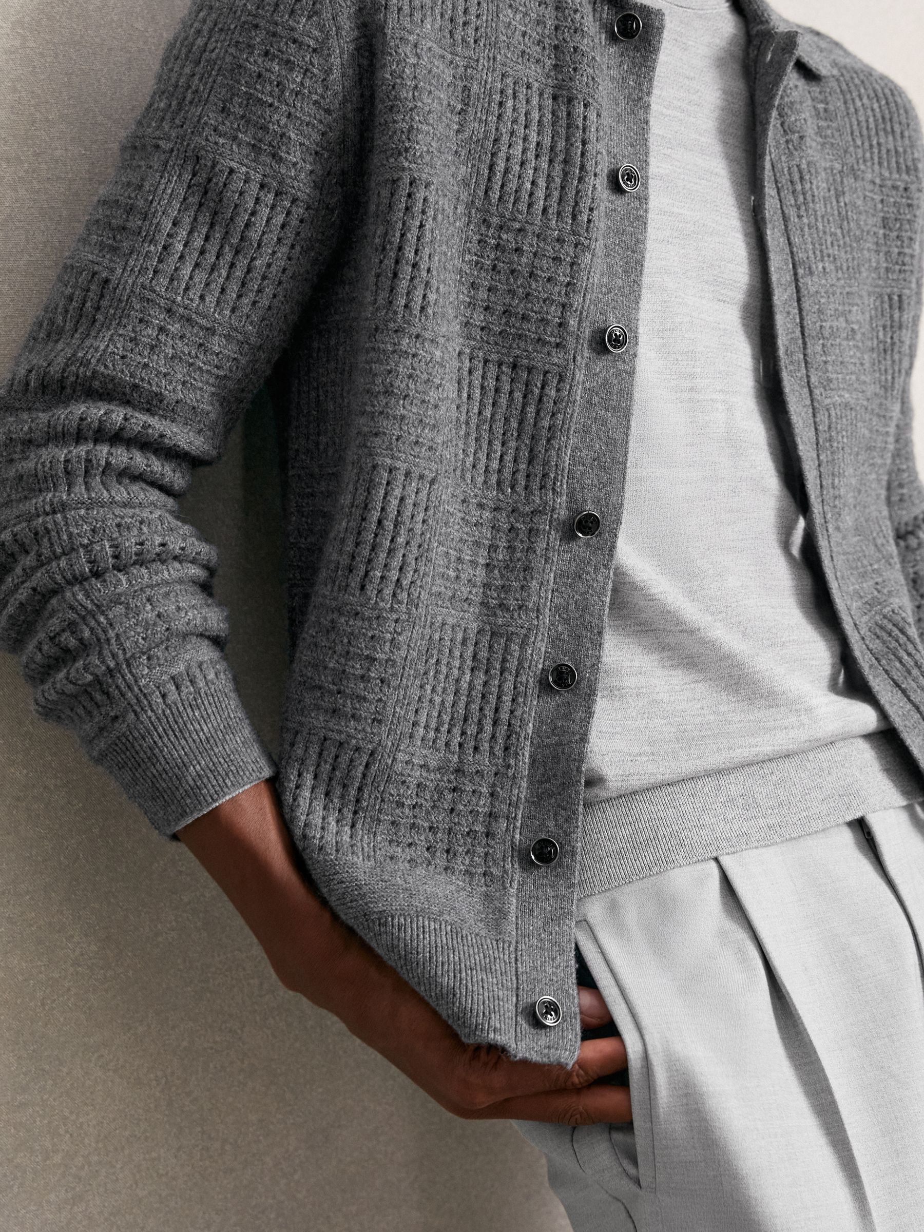 Wool Button Through Collared Cardigan in Mid Grey
