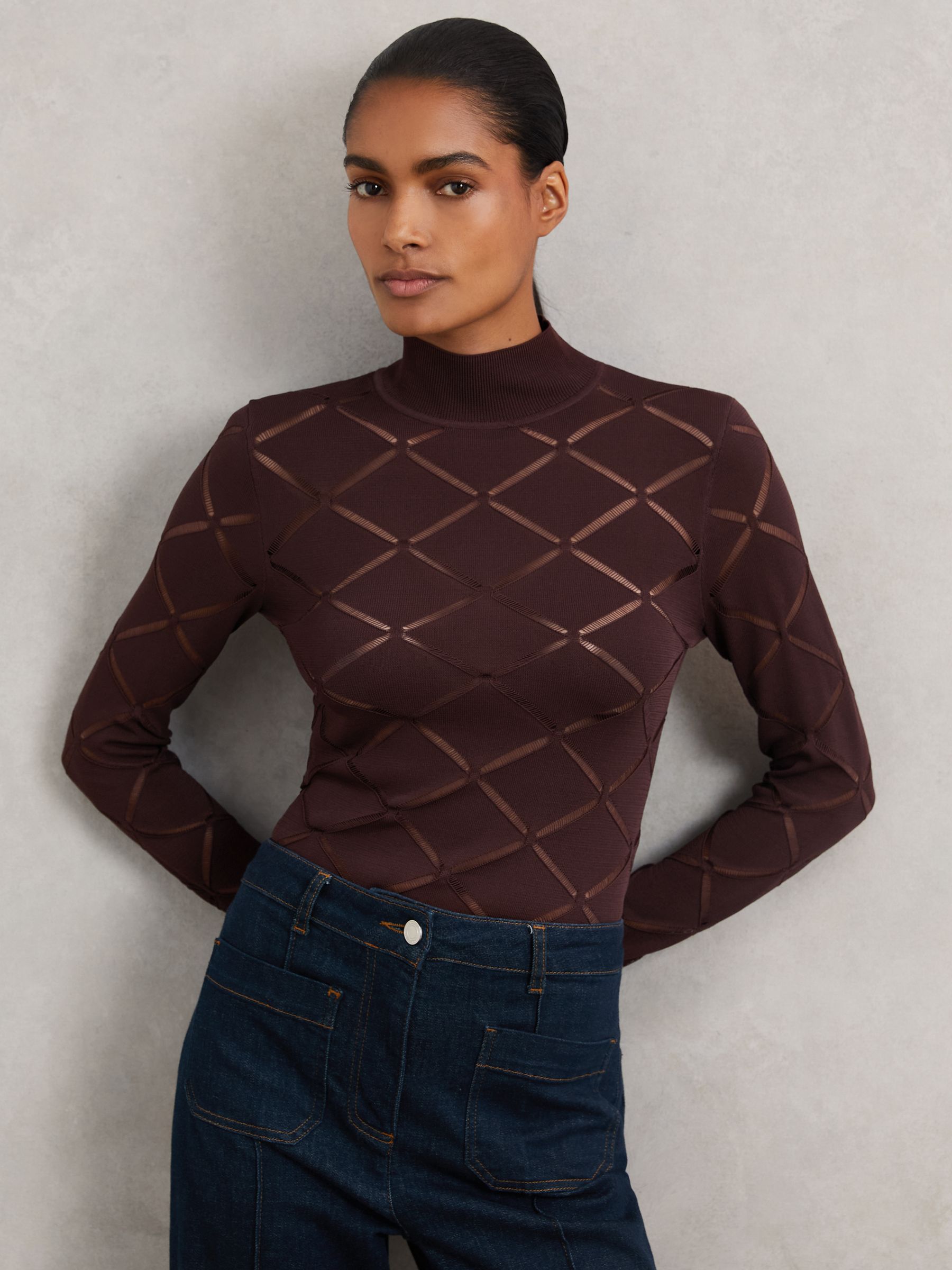 Laser-Cut Funnel-Neck Knit Top in Burgundy