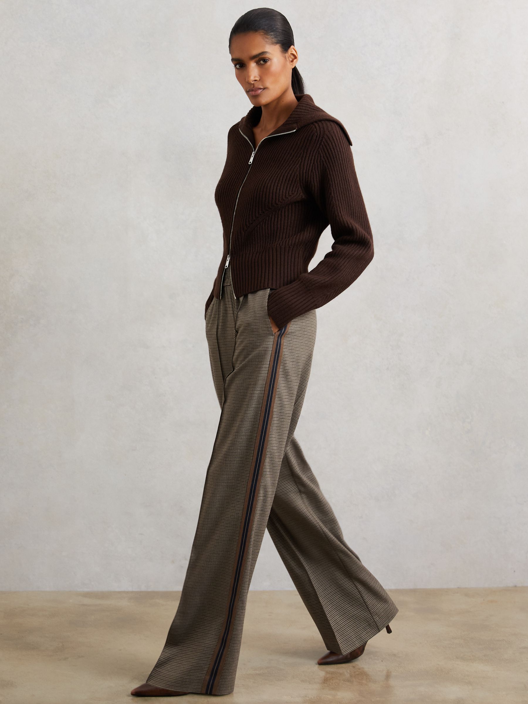 Side-Stripe Wide-Leg Check Trousers in Neutral Check