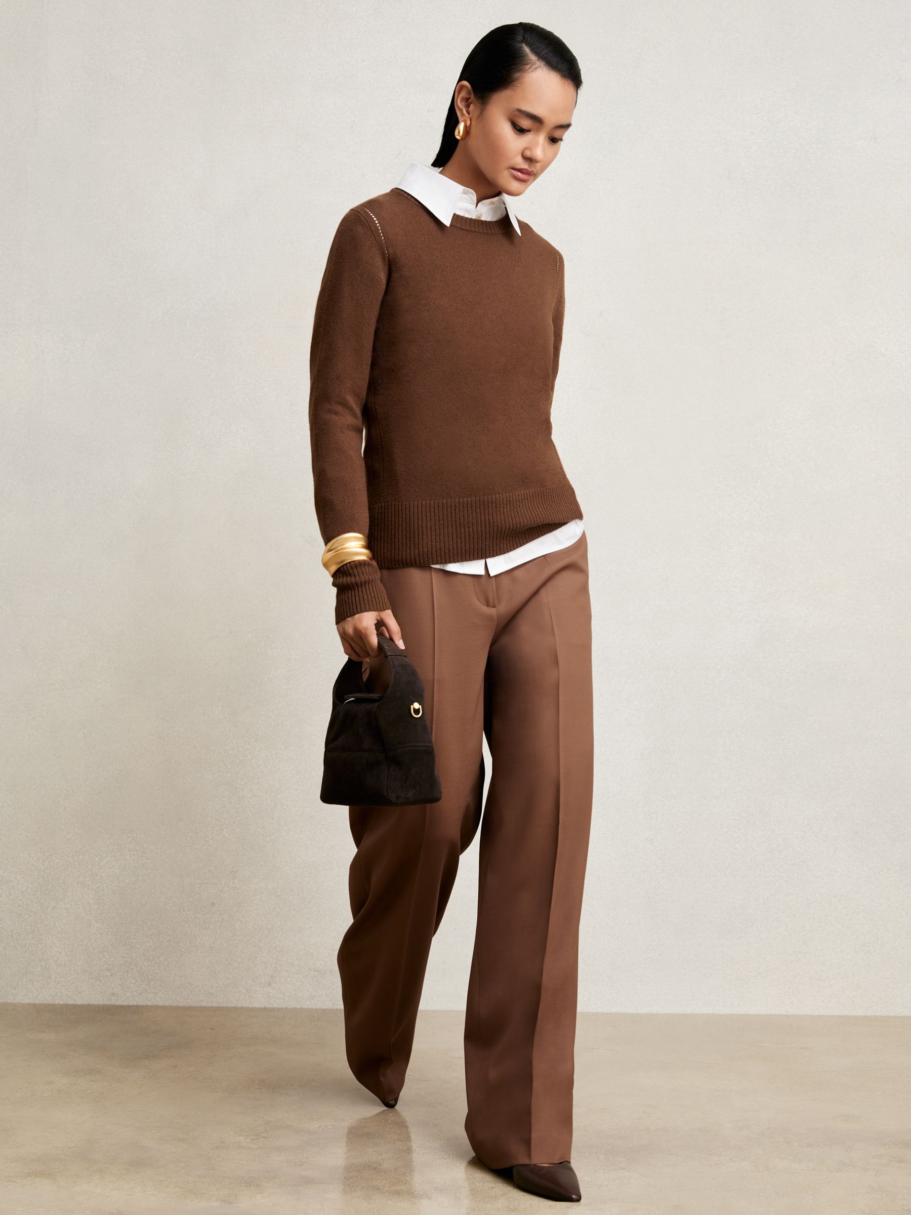 Wool-Blend Open-Stitch Jumper with Cashmere in Toffee Brown