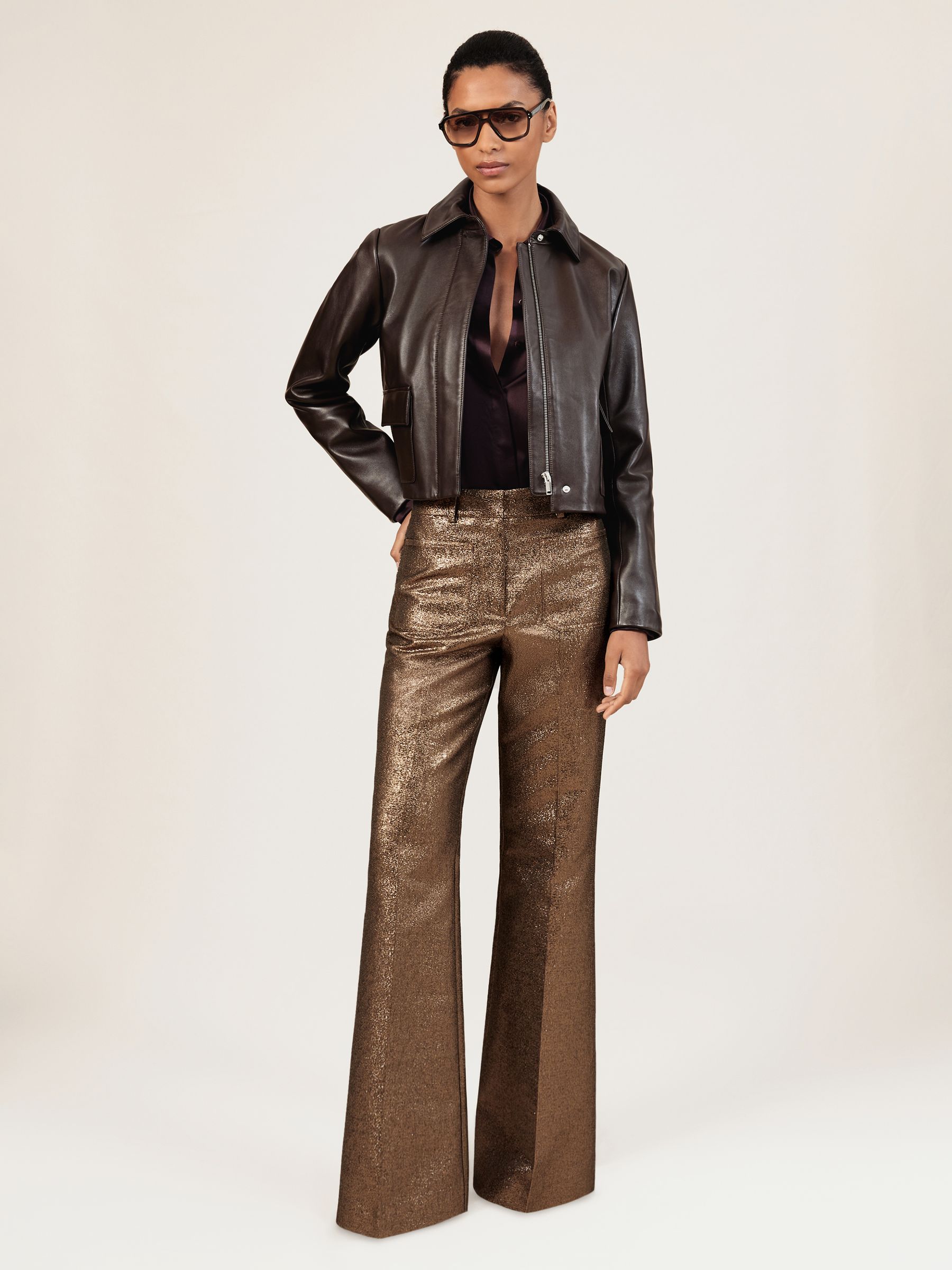 Petite Sparkle Patch-Pocket Flared Trousers in Gold