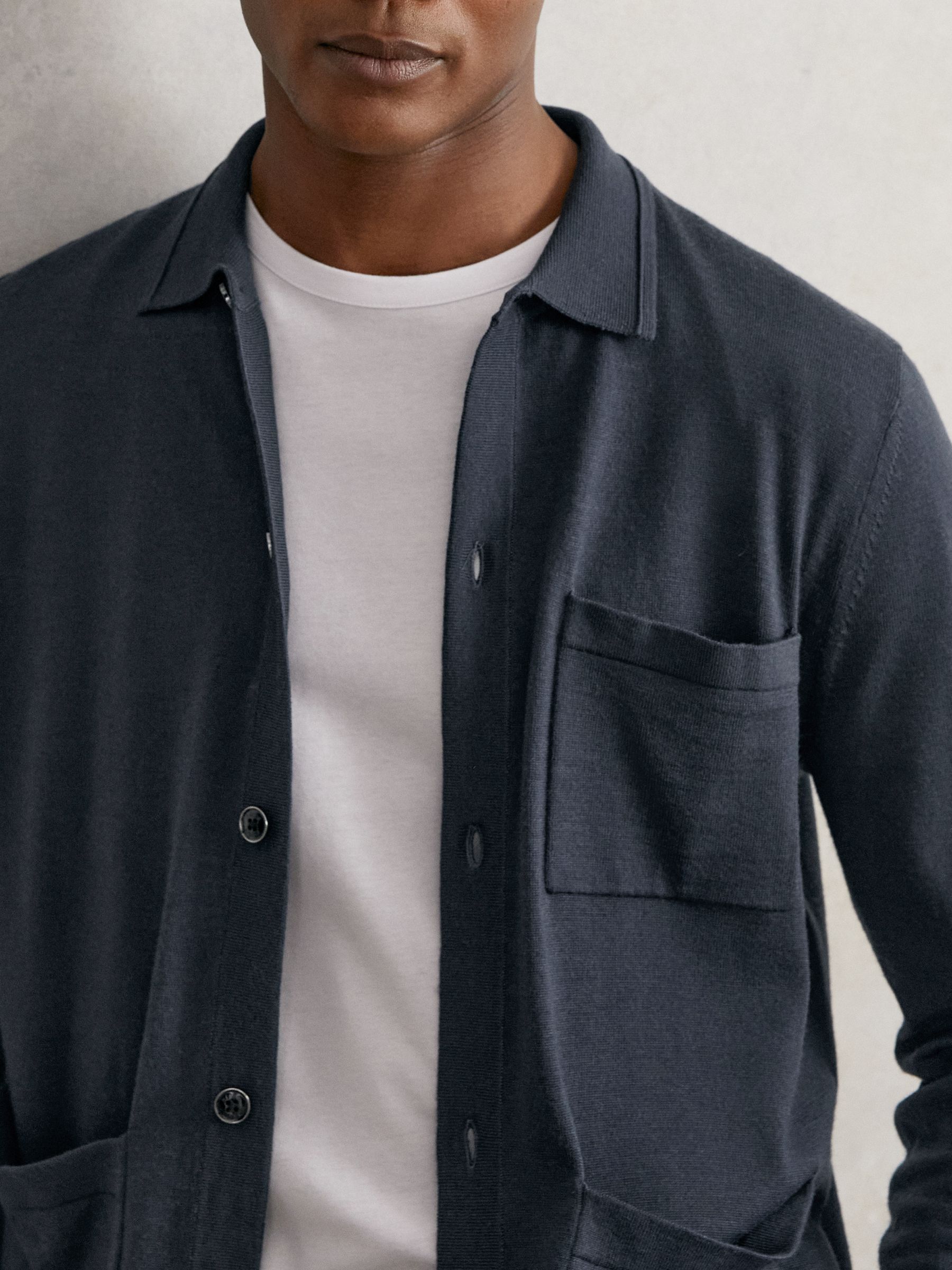 Merino Wool Button-Through Shirt in Midnight Navy
