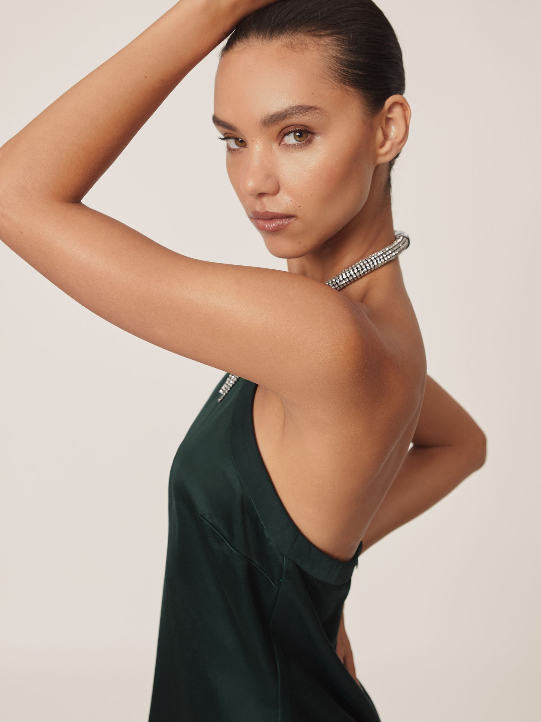 Satin Crystal-Necklace Mini Dress in Green