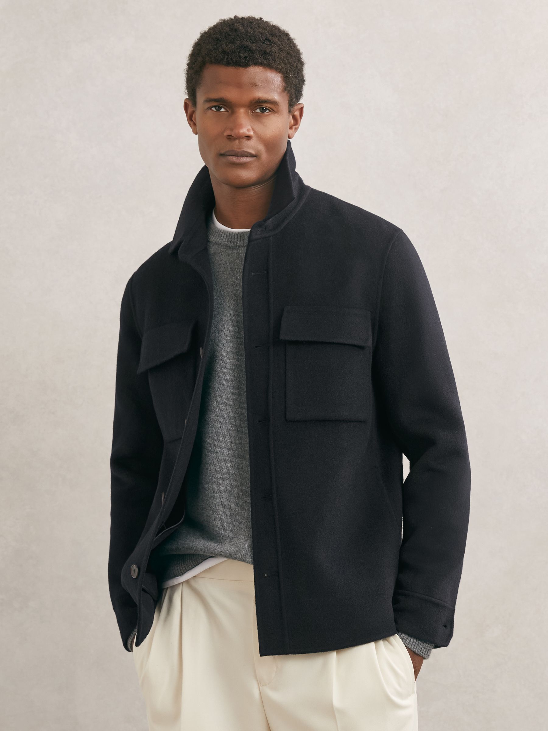 Wool-Blend Twin-Pocket Overshirt in Navy