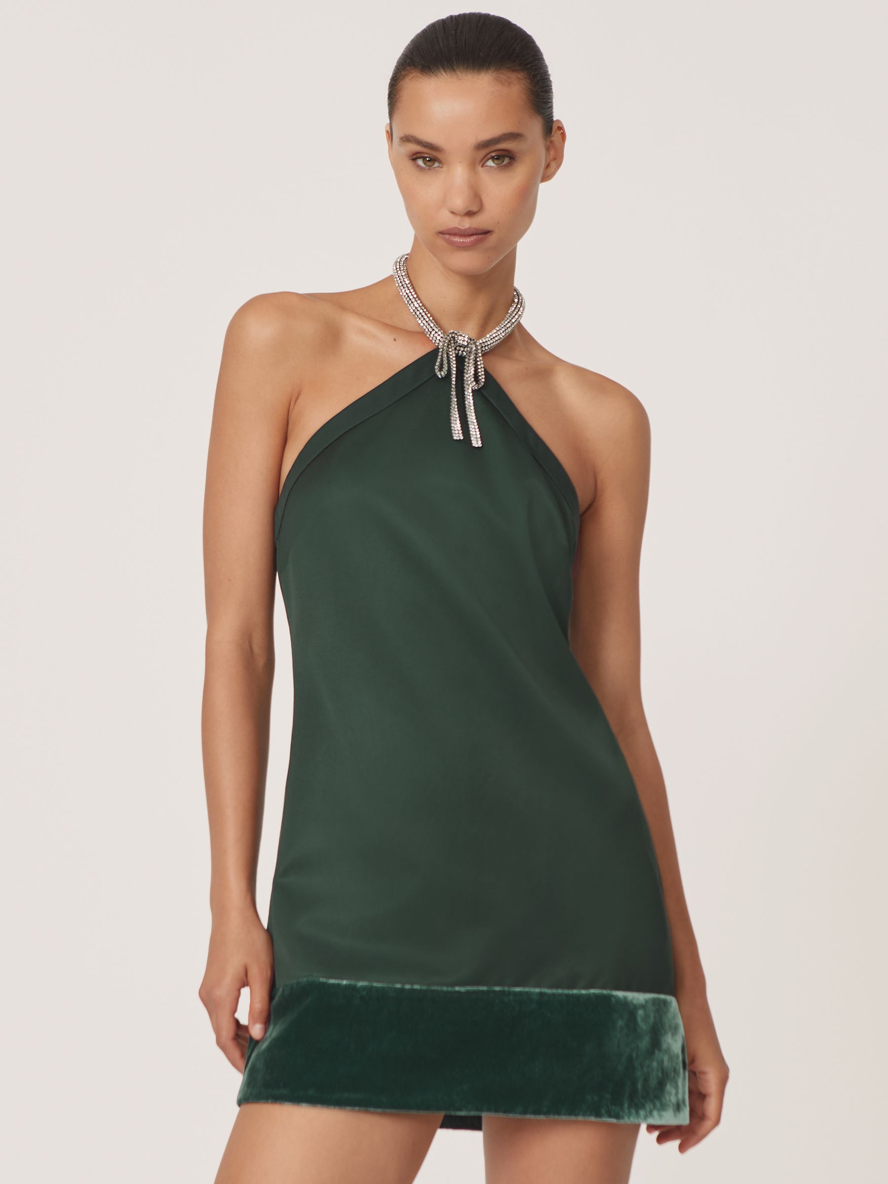 Satin Crystal-Necklace Mini Dress in Green