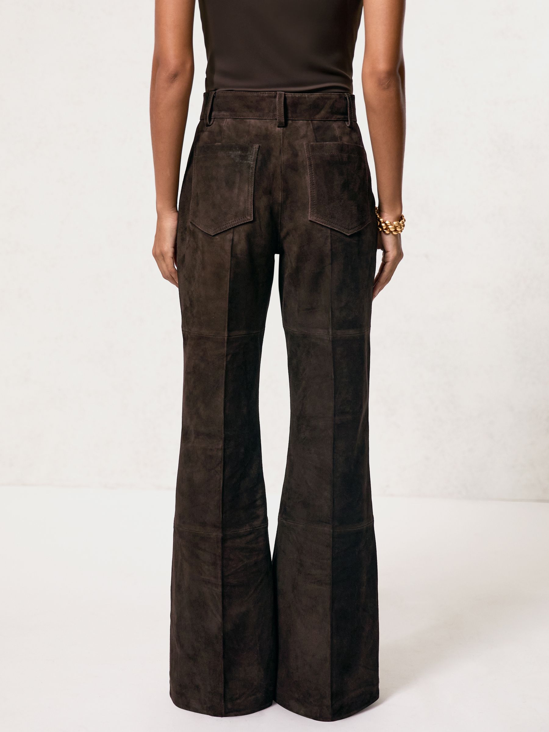Petite Suede High-Rise Flared Trousers in Chocolate Brown
