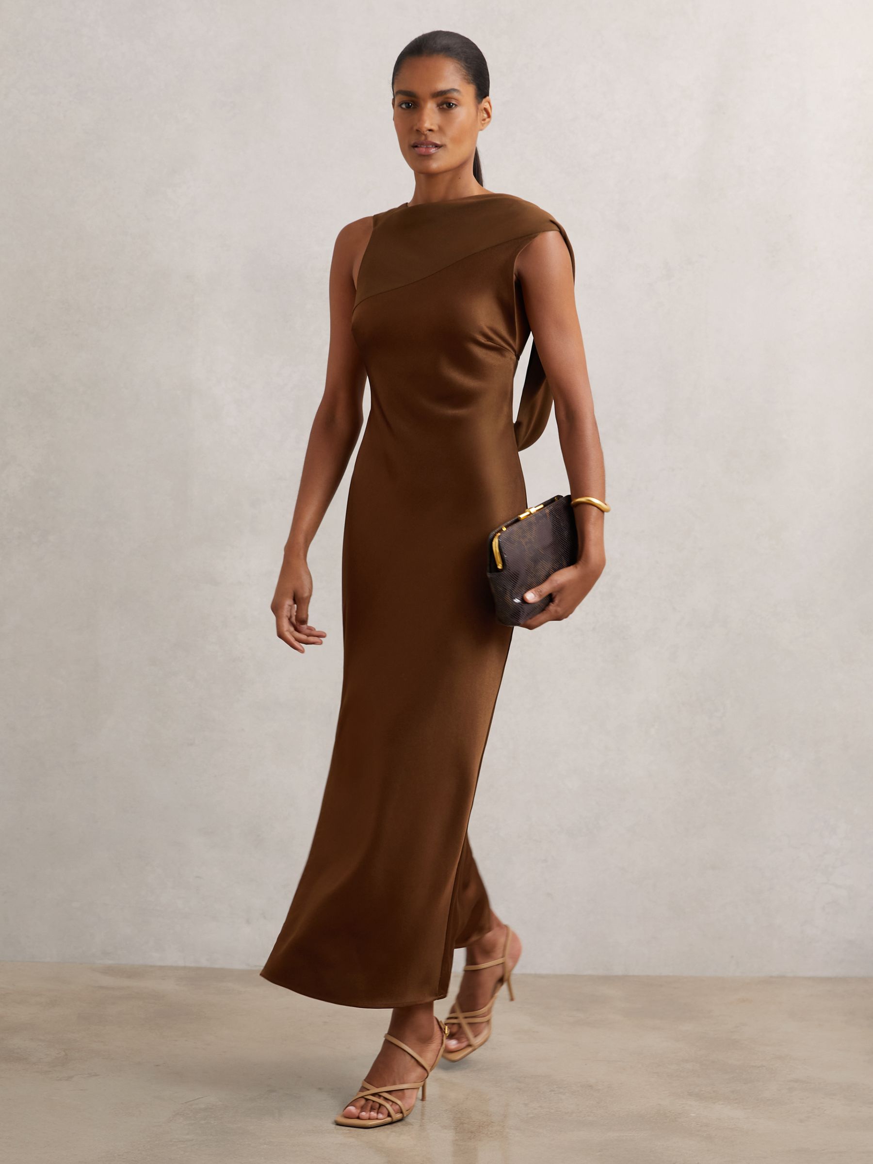 Petite Satin Draped Open-Back Dress in Bronze