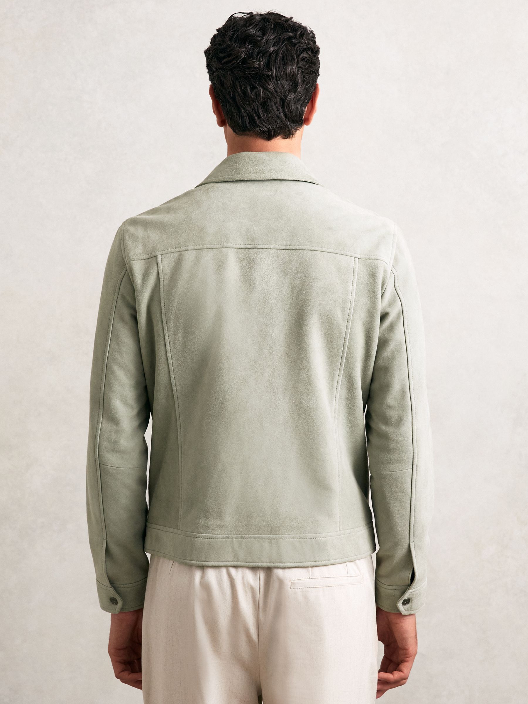 Suede Press Stud Trucker Jacket in Pistachio Green