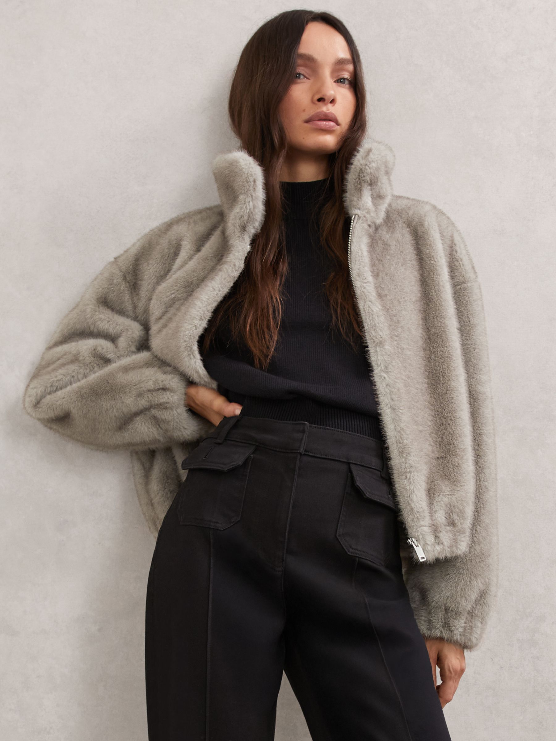 Faux-Fur Zip-Through Jacket in Grey