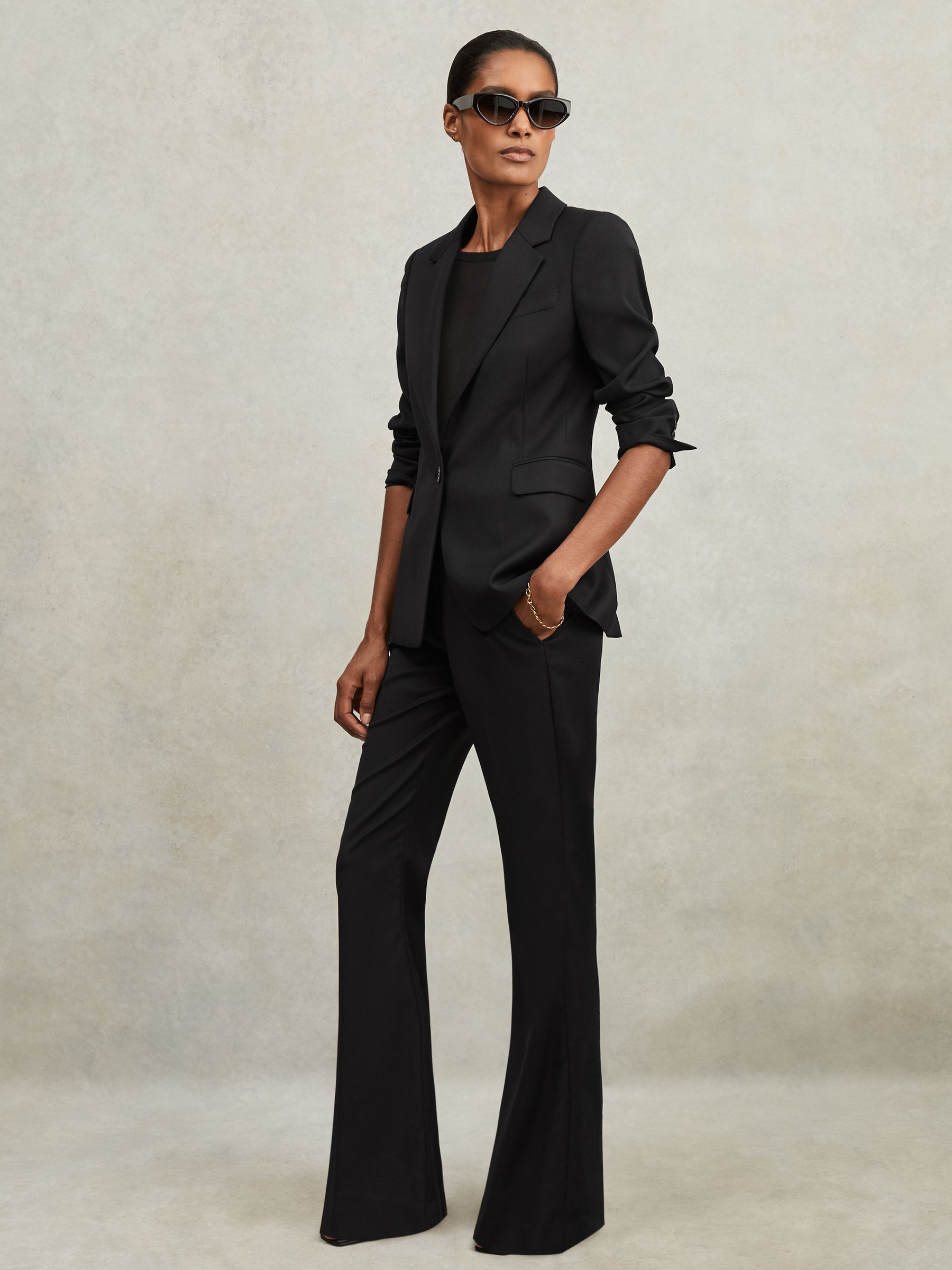Wool-Blend Tailored Flared Suit Trousers in Black