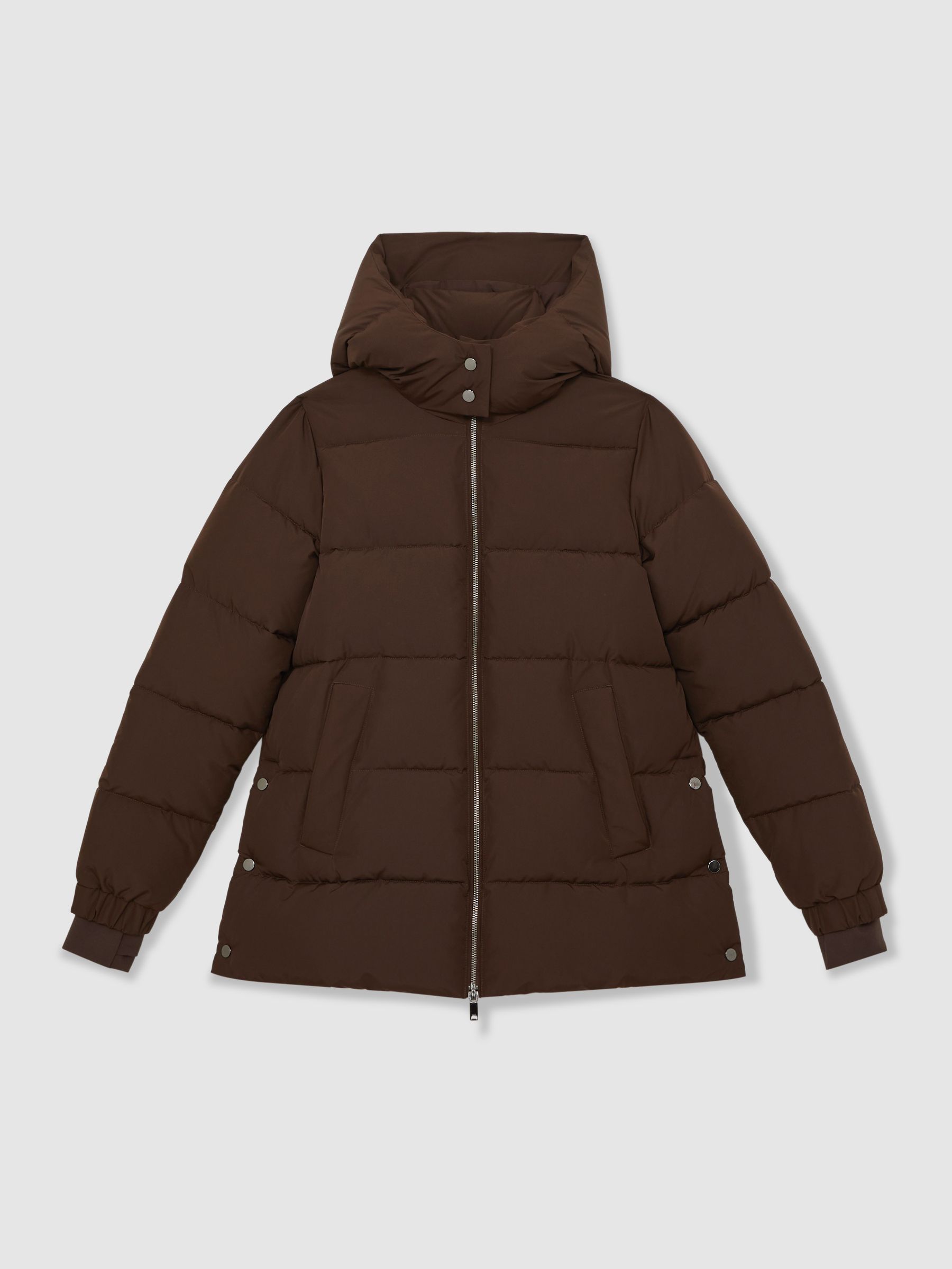 Short Hooded Puffer Coat in Chocolate Brown
