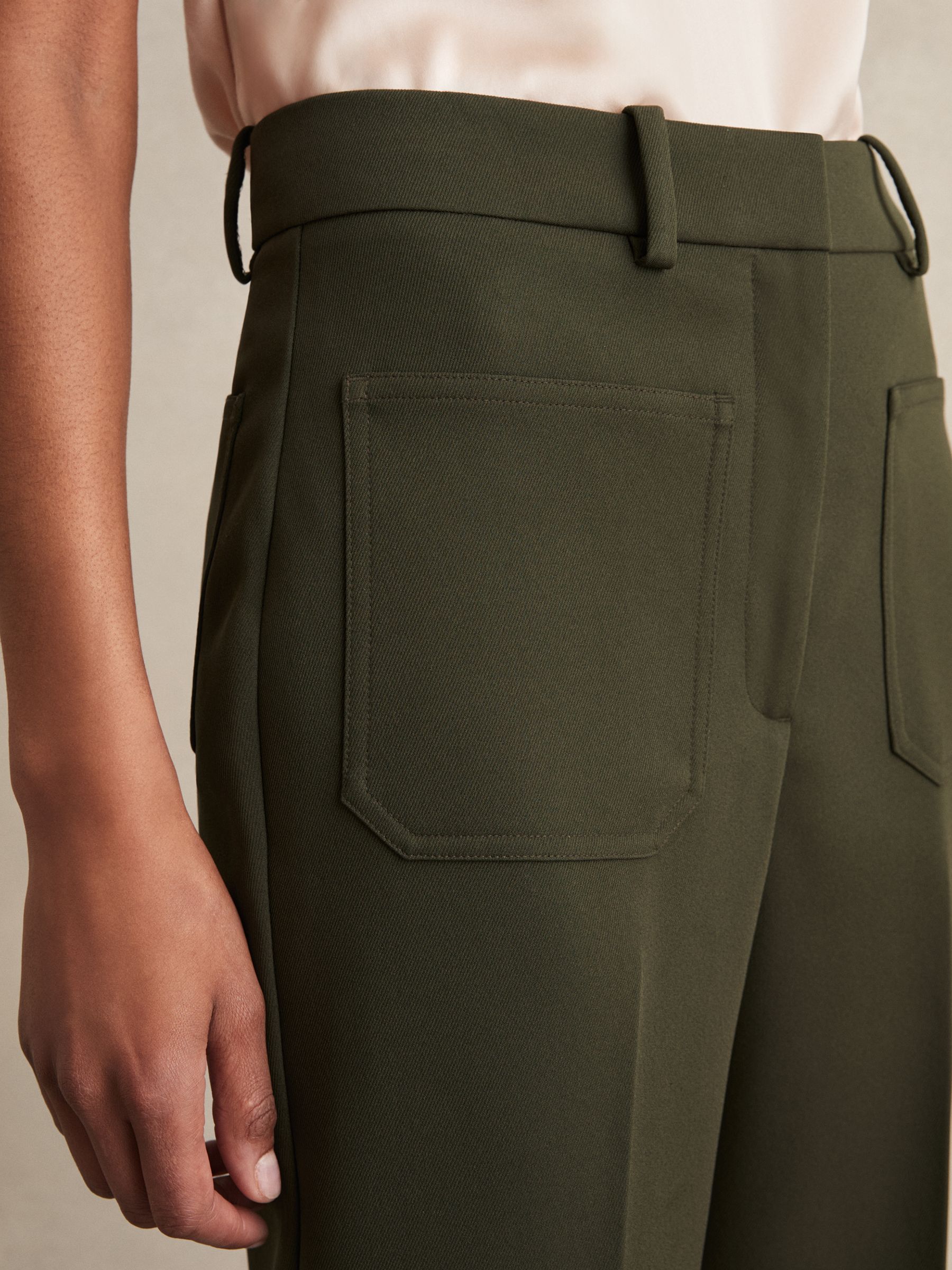 Petite Twill Patch-Pocket Flared Trousers in Green