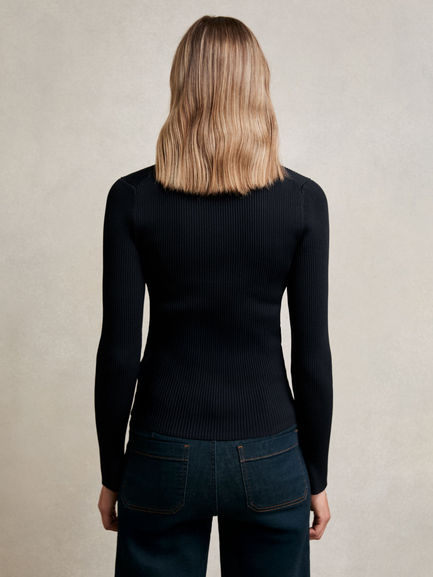 Craft-Stitch Rib-Knit Top in Navy/White