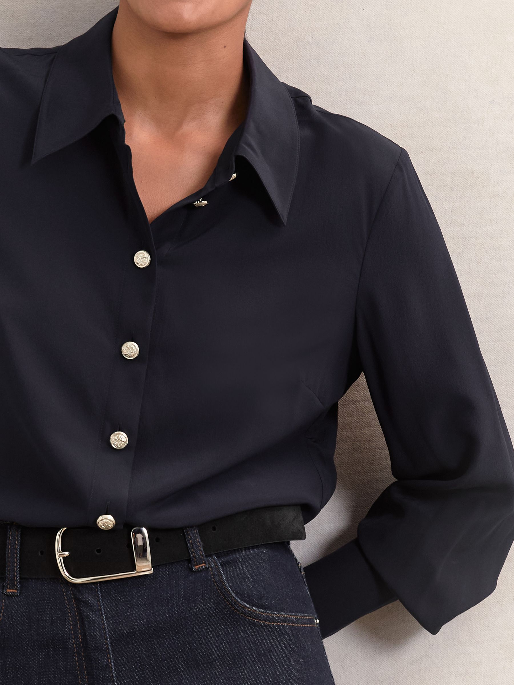 Silk Embossed-Button Shirt in Navy