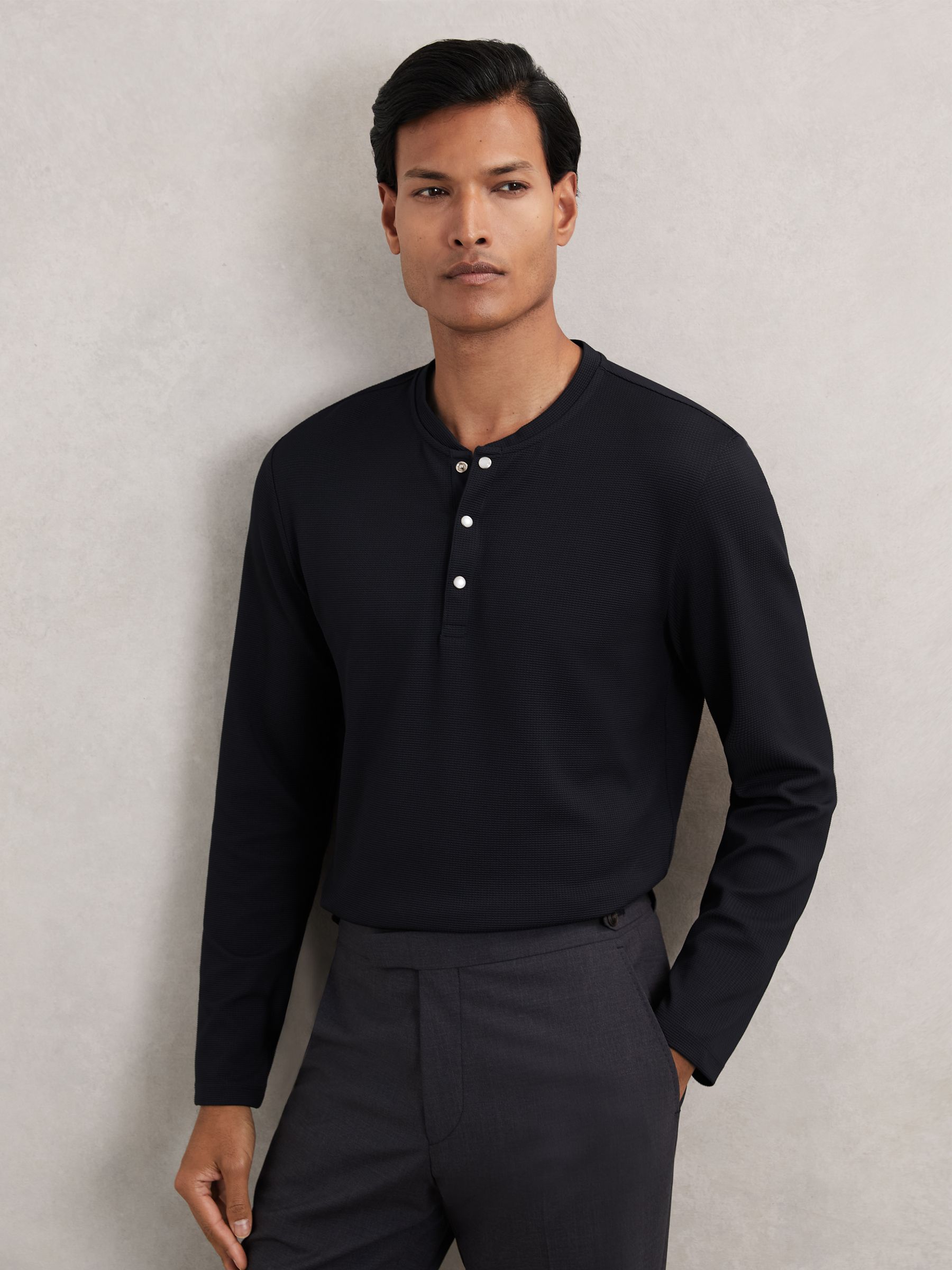 Textured Grandad-Collar Henley Shirt in Navy